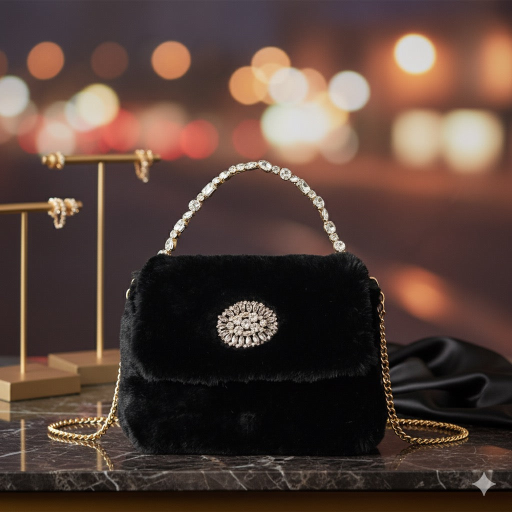 Victoria handbag in black faux fur