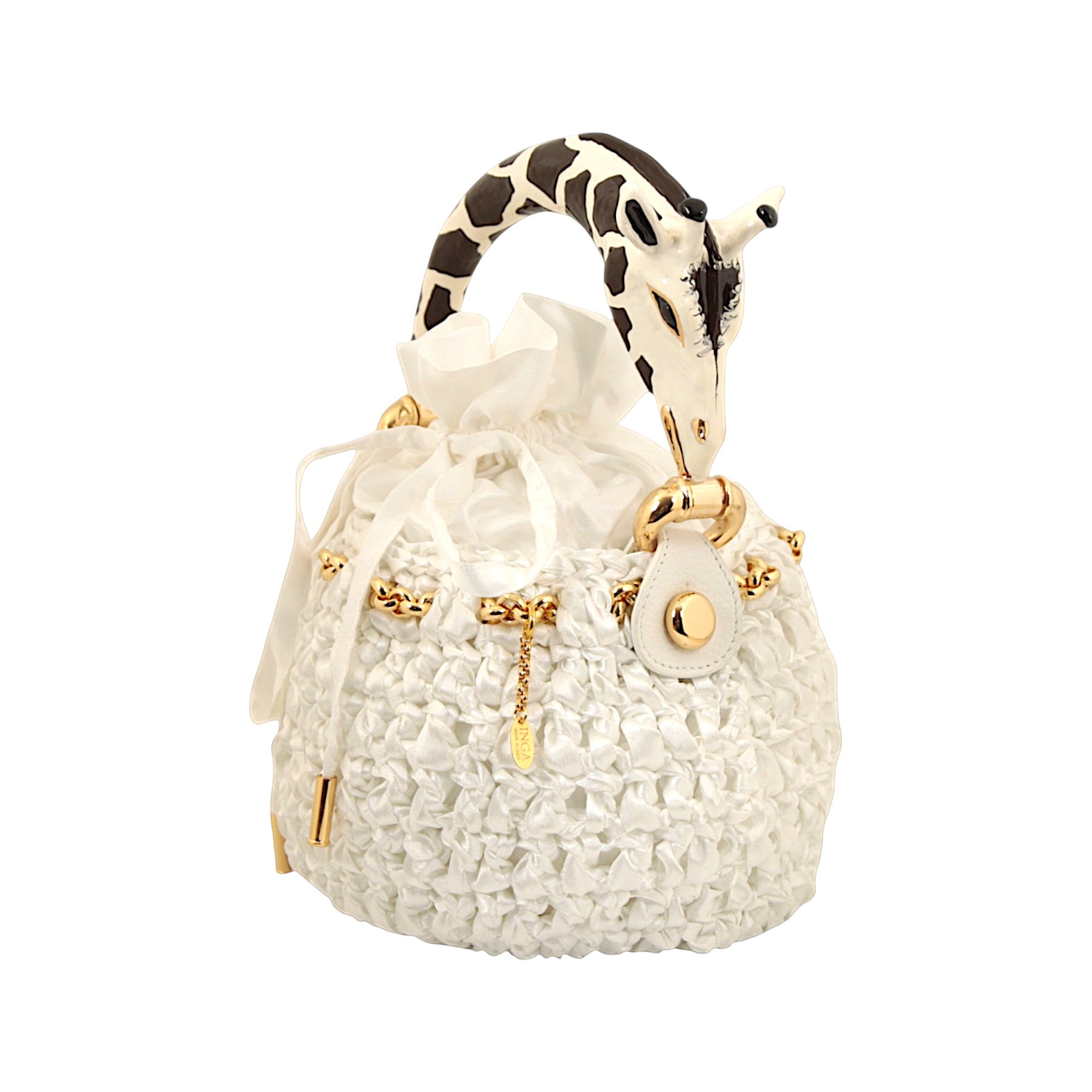 Artisanal bucket bag with sculptural animal handle by Inga Sirmione