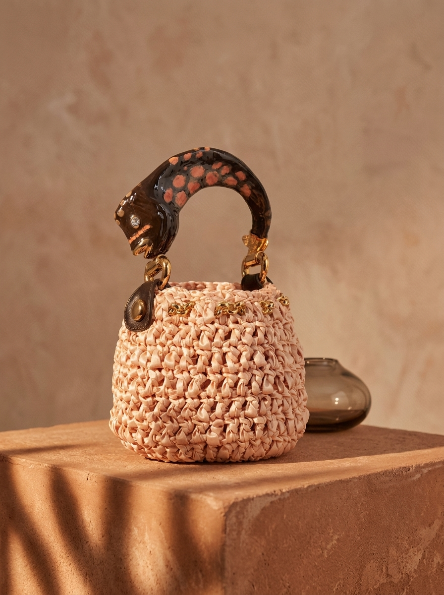 Handmade Italian blush bucket bag with sculptural fish handle