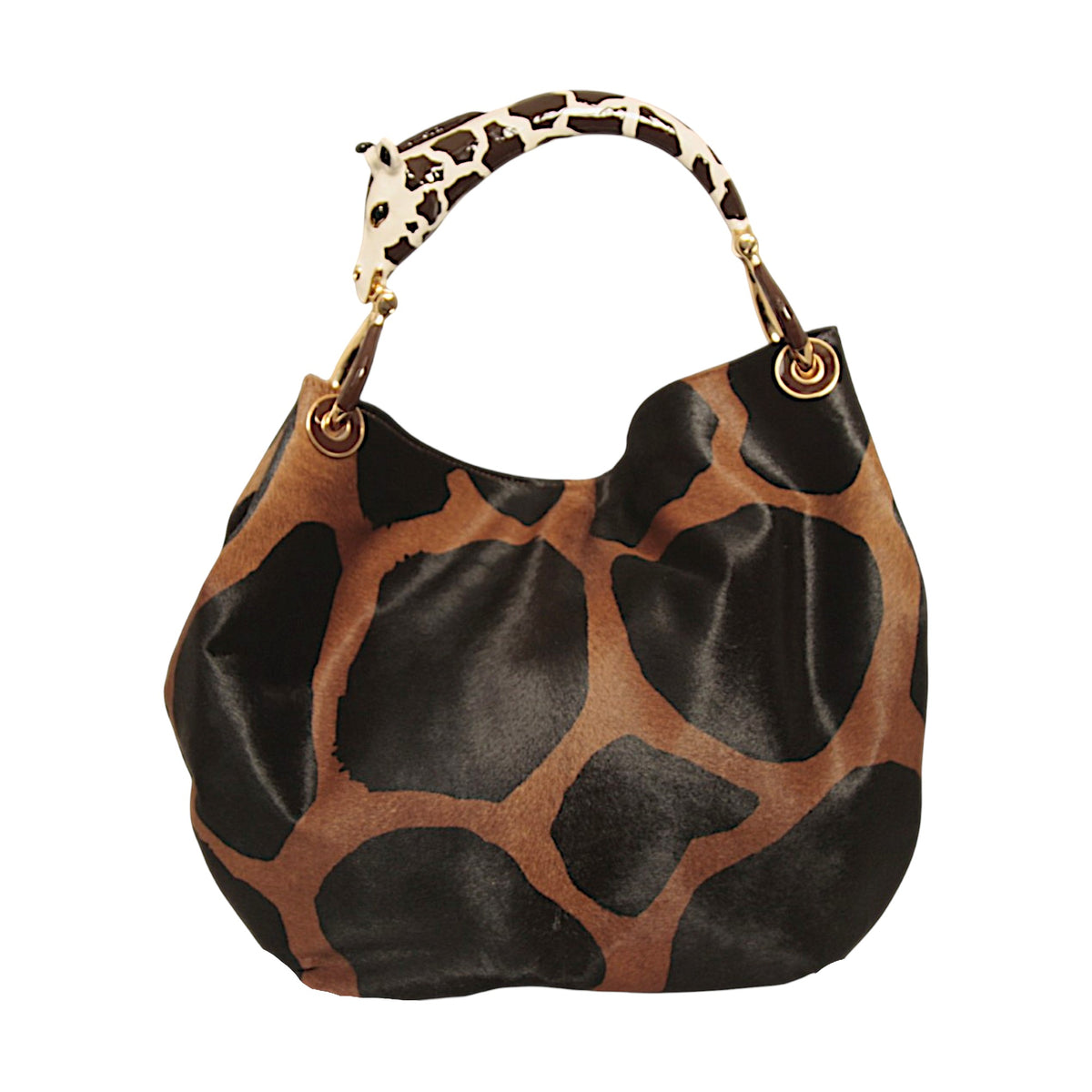 Large brown and black giraffe-print leather bag with an ivory and brown enamelled giraffe sculpture handle.