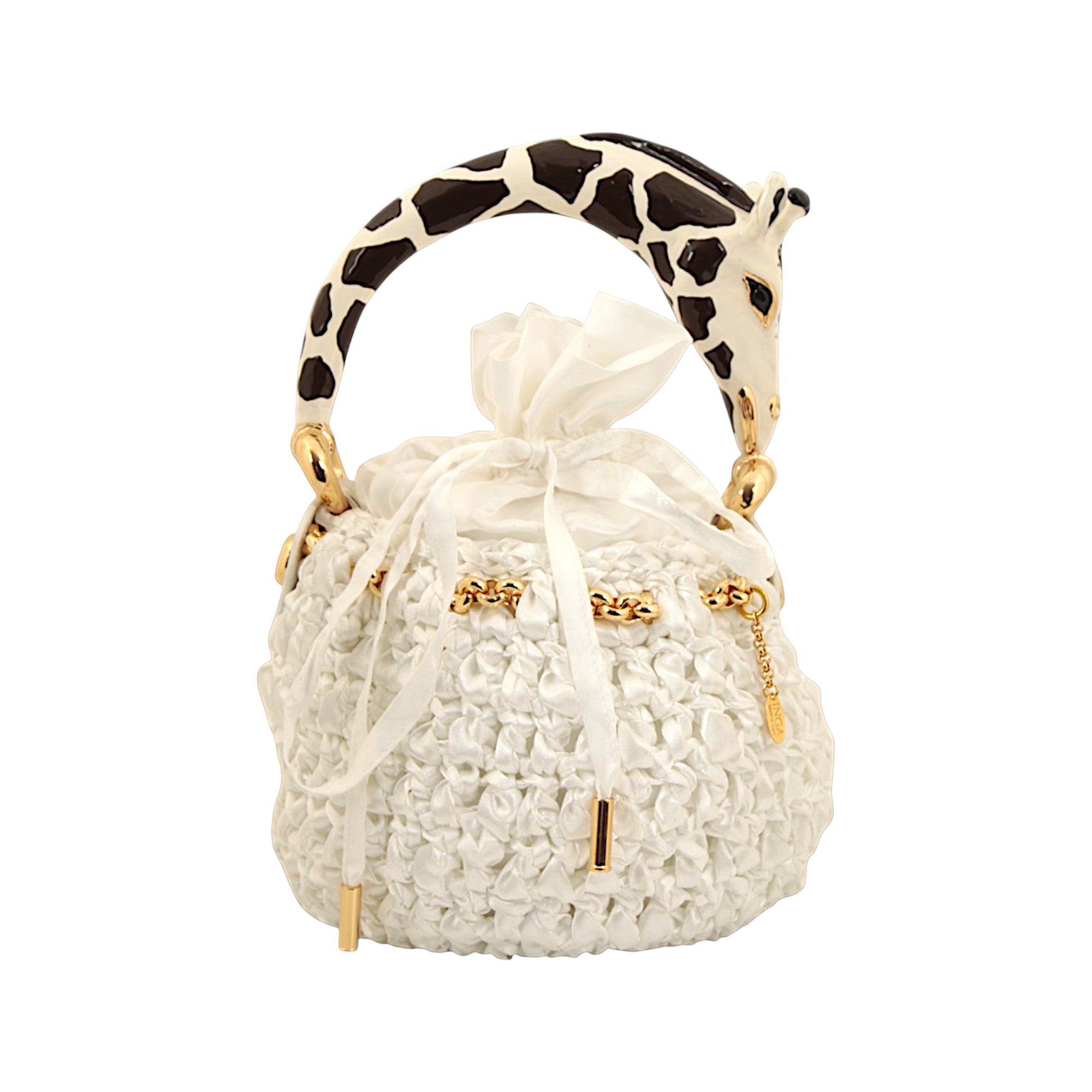 Bucket bag with giraffe sculpture handle in hand-painted enamel and crocheted satin body