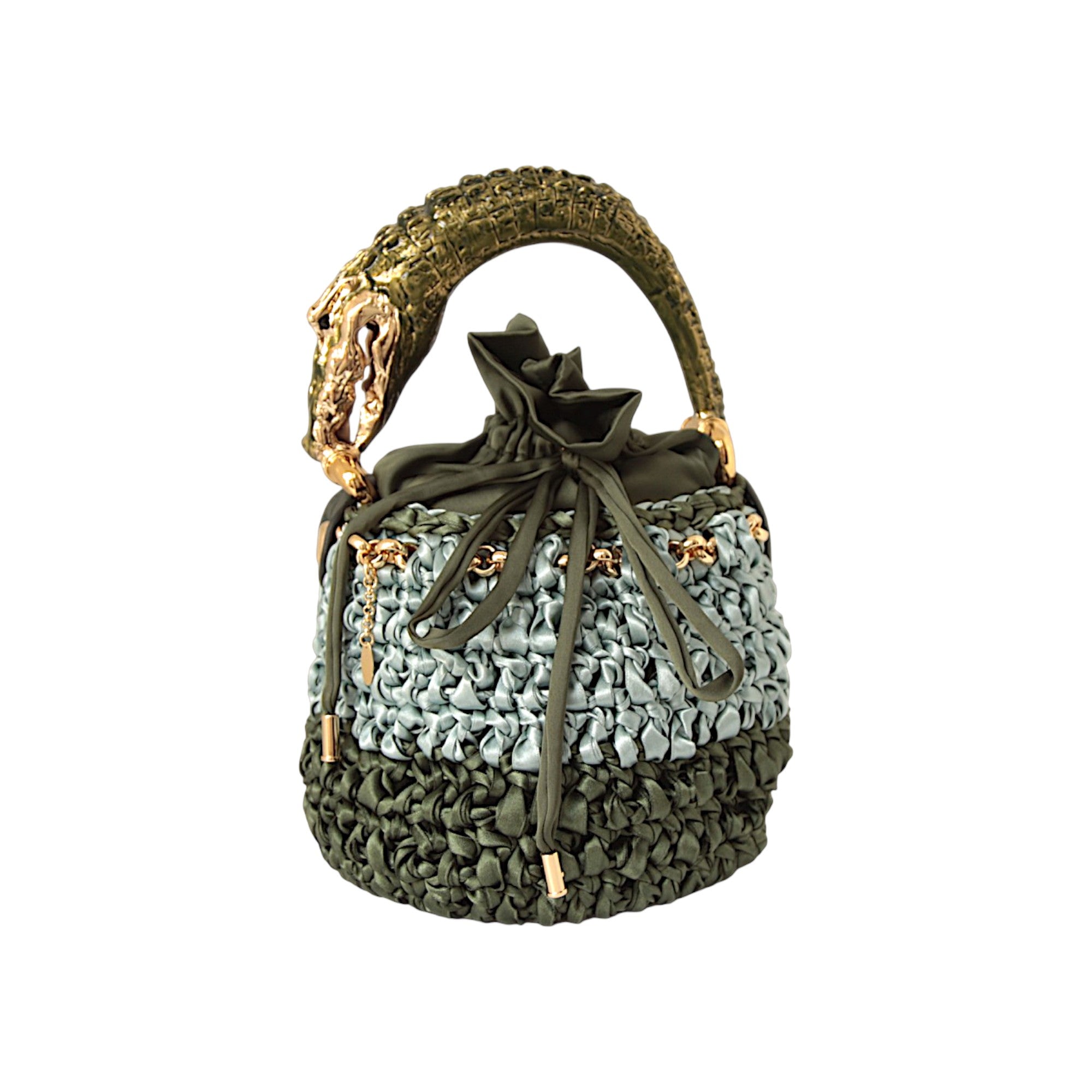 Handmade Italian two-tone green bucket bag with sculptural crocodile handle