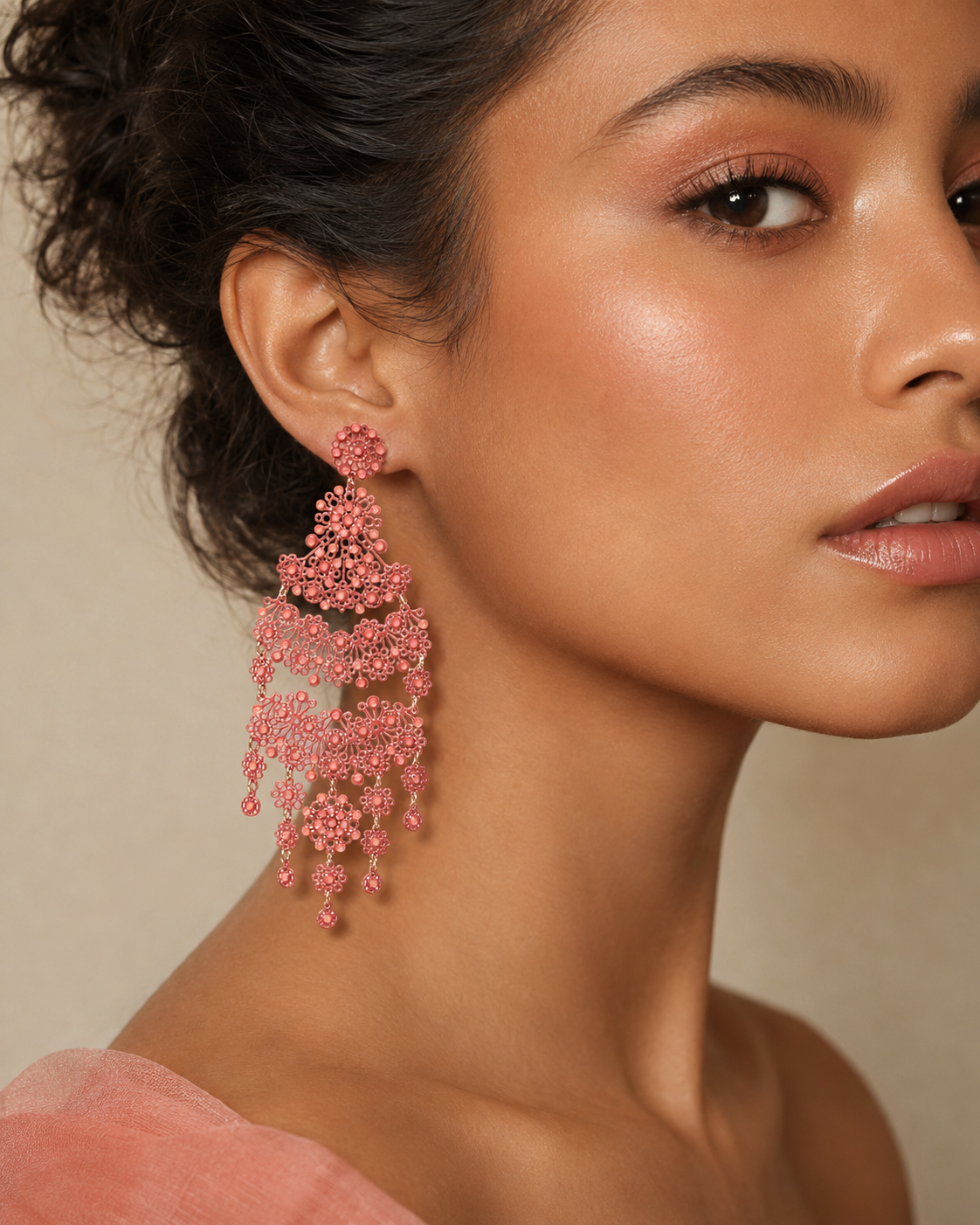 Merletti 01 Drop Earring in Coral Rose shown on mannequin to illustrate real proportions and length when worn.