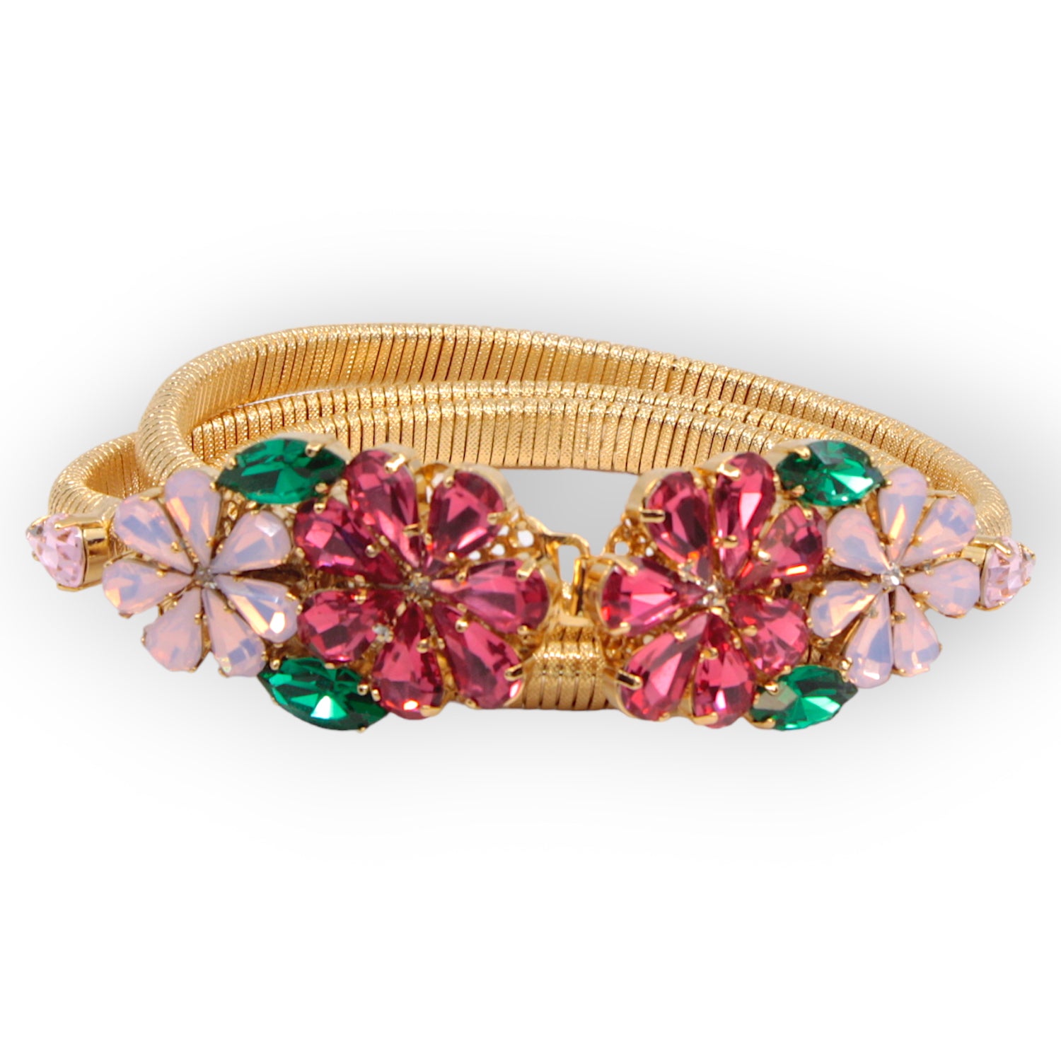 DAISY BELT IN GOLD-PLATED STRETCH METAL WITH PINK BOUQUET CRYSTAL BUCKLE