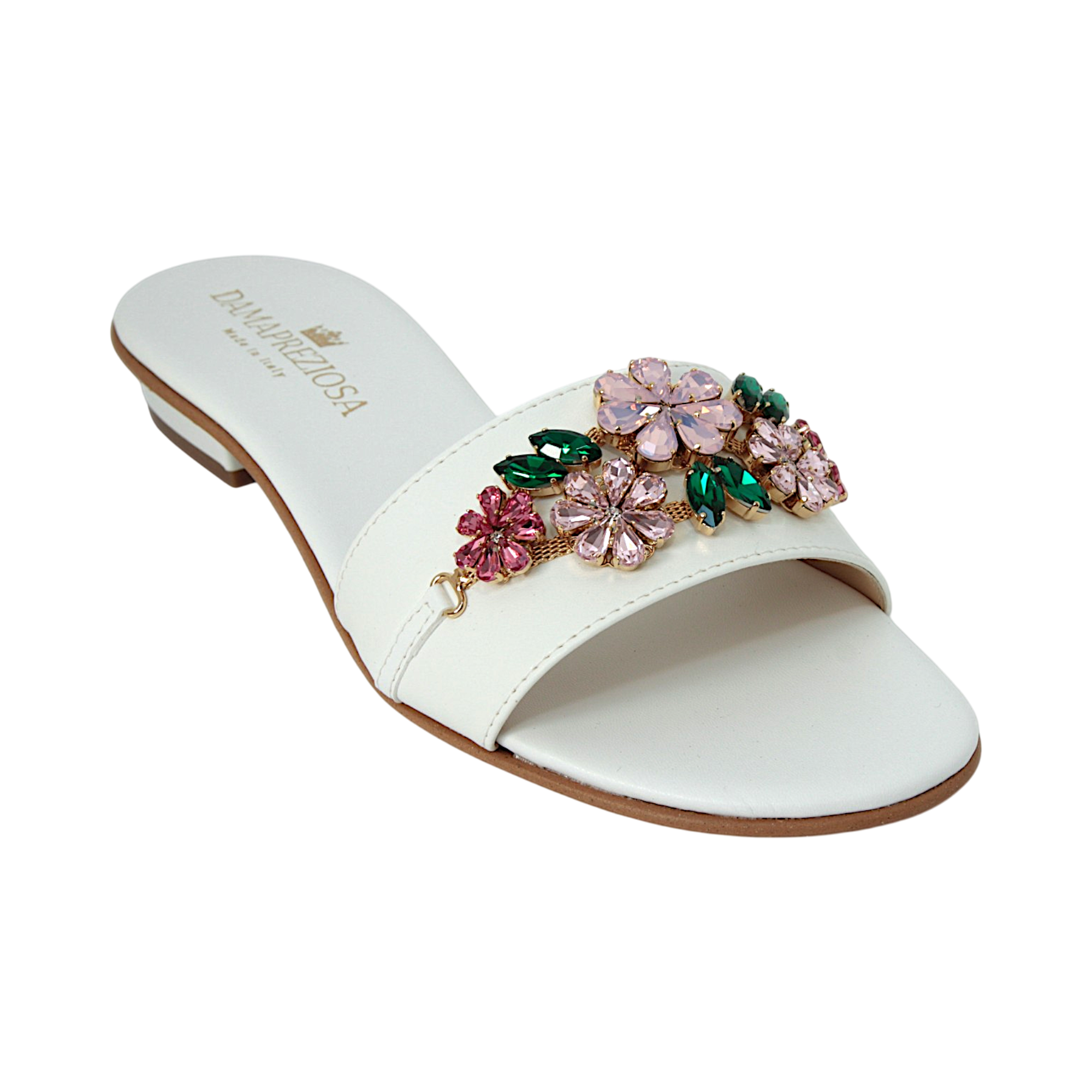 Flora White Bouquet Jewel Mule Sandal with pink and green crystal floral embellishment, front view
