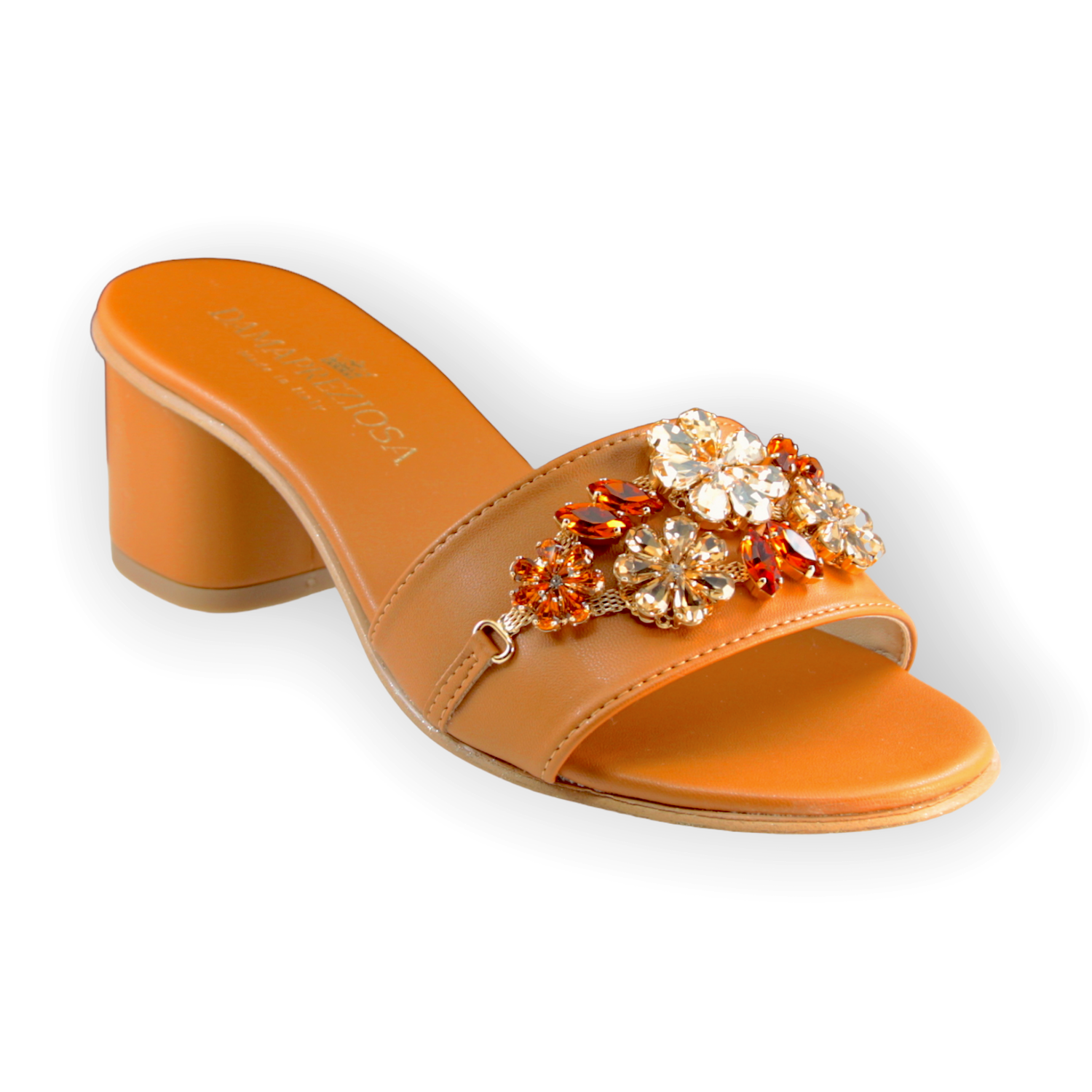 Block heel mule sandal with hand-applied amber crystal embellishment
