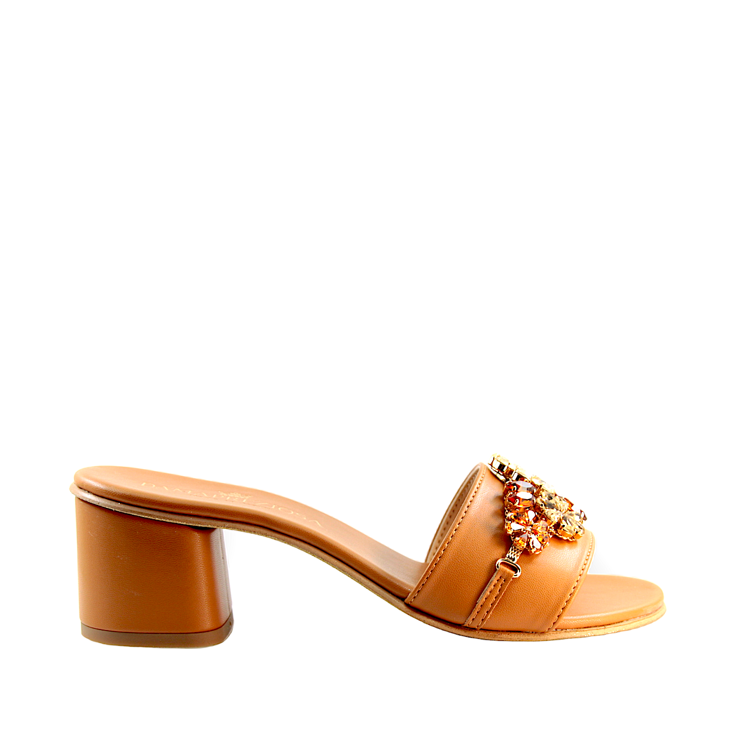 Block heel mule sandal with hand-applied amber crystal embellishment