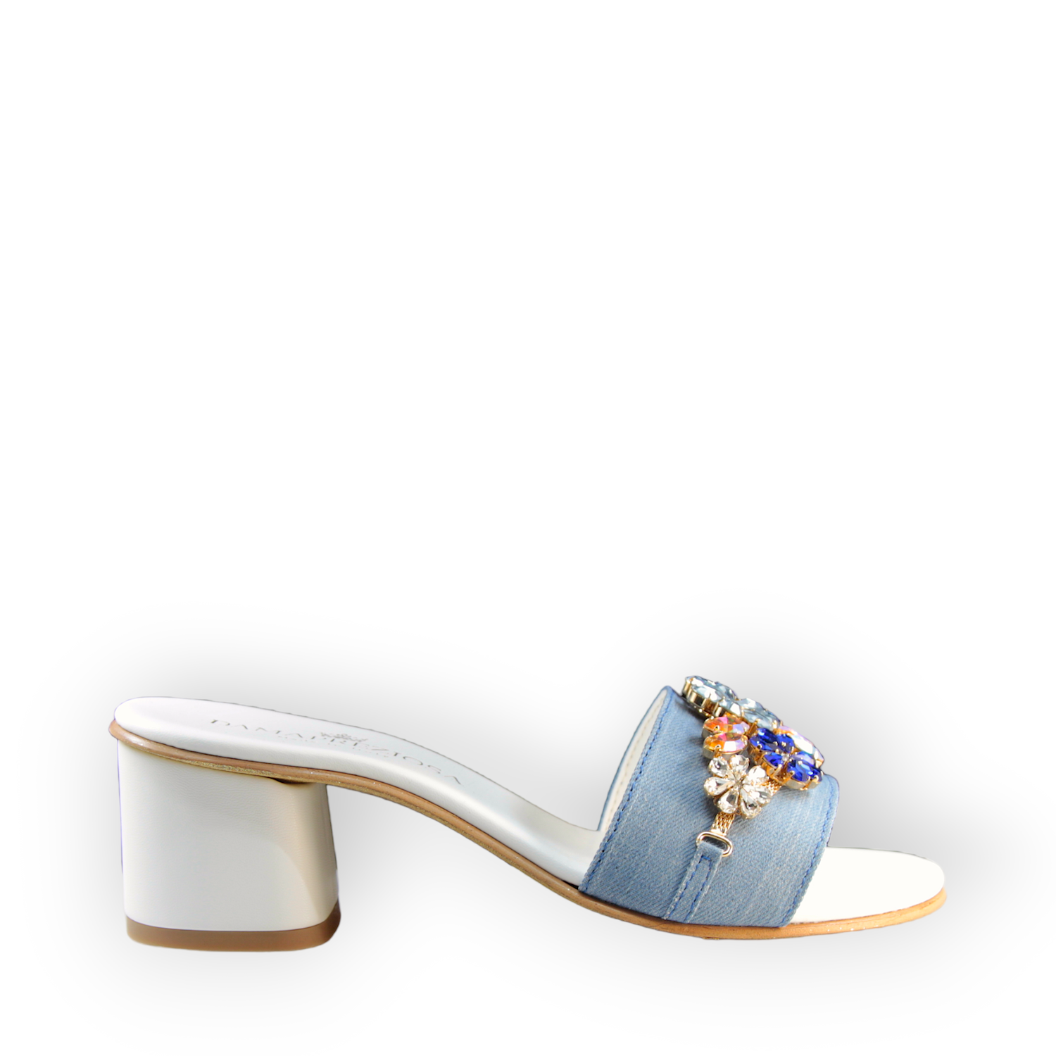 Flora Denim Mule Sandals With Sapphire Crystals