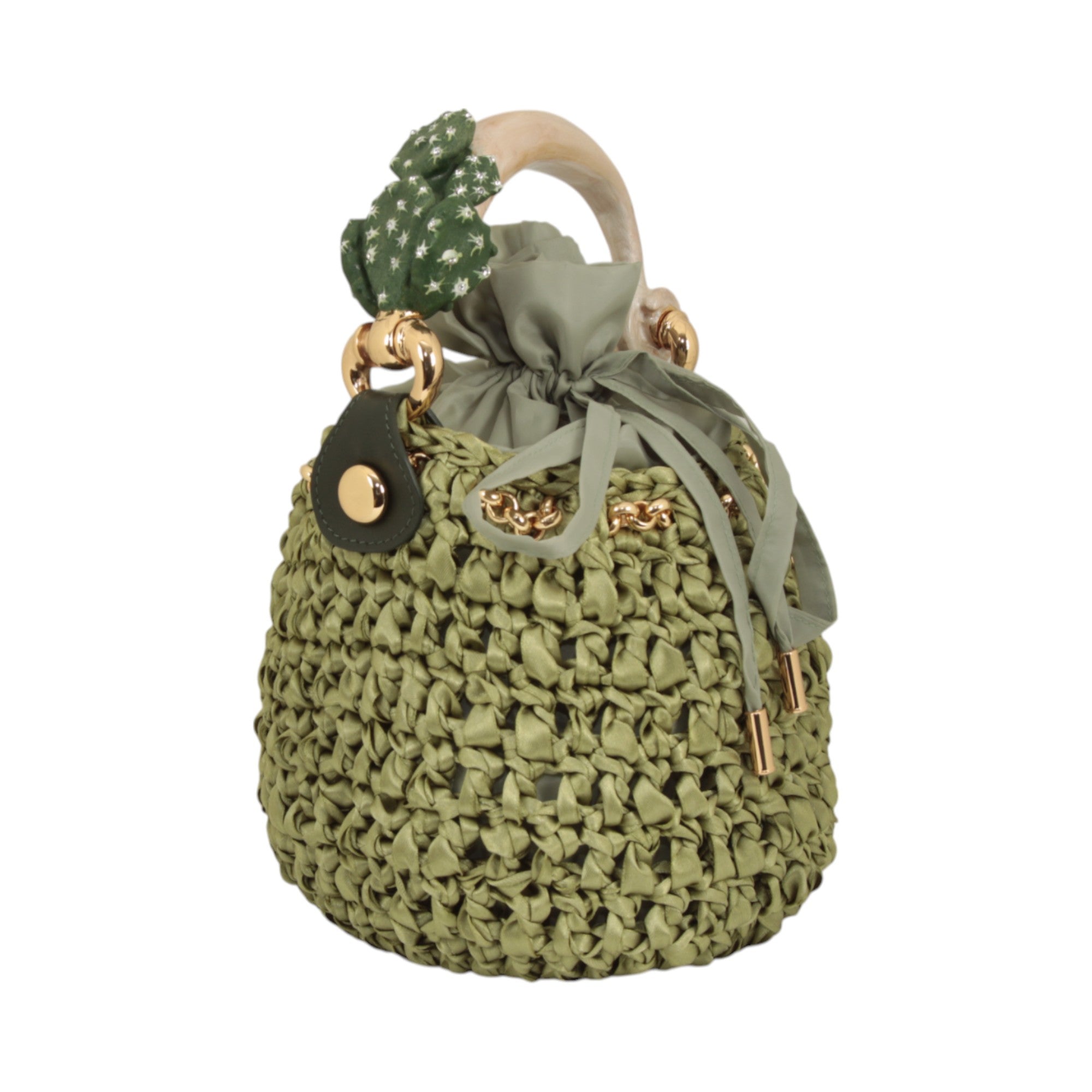 Bucket bag with cactus sculpture handle in hand-painted enamel and crocheted satin body
Made in Italy bucket bag with gold-tone cactus handle and removable chain strap
Artisanal bucket bag with sculptural cactus handle by Inga Sirmione