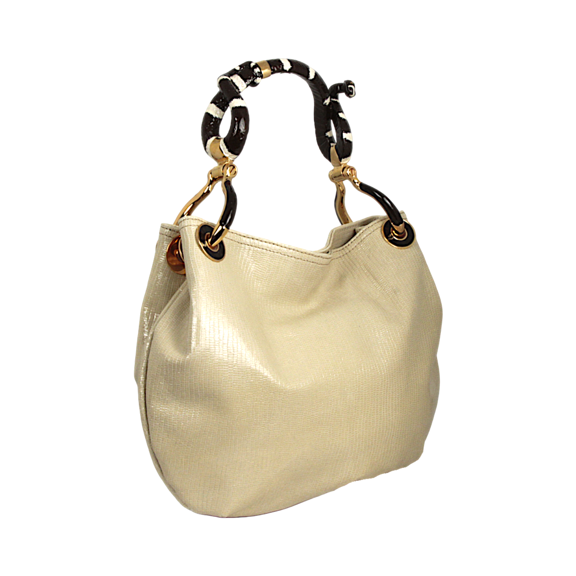 SNAKE SMALL HANDBAG WITH CRAEAM LIZARD PRINTED LEATHER