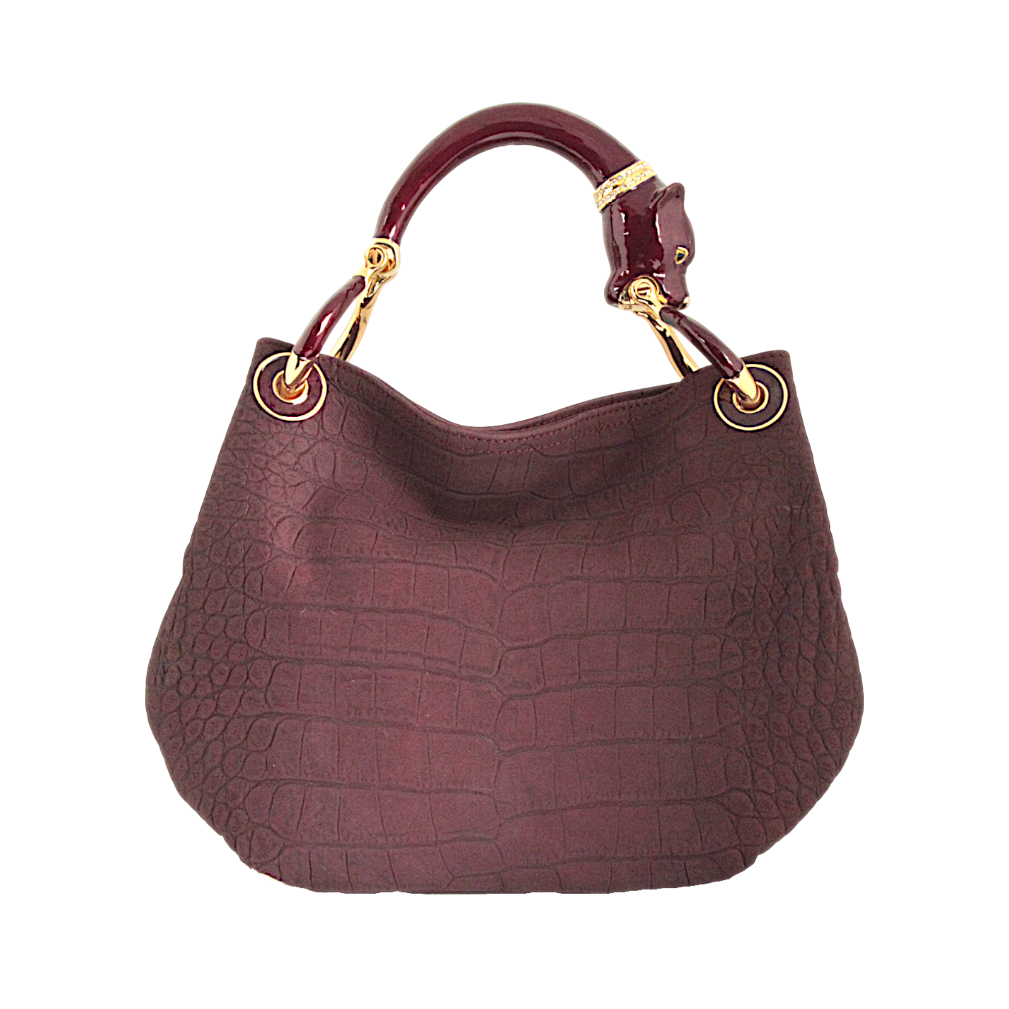 BURGUNDY PANTHER SMALL HANDBAG WITH BURGUNDY CROCO PRINTED NABUK LEATHER