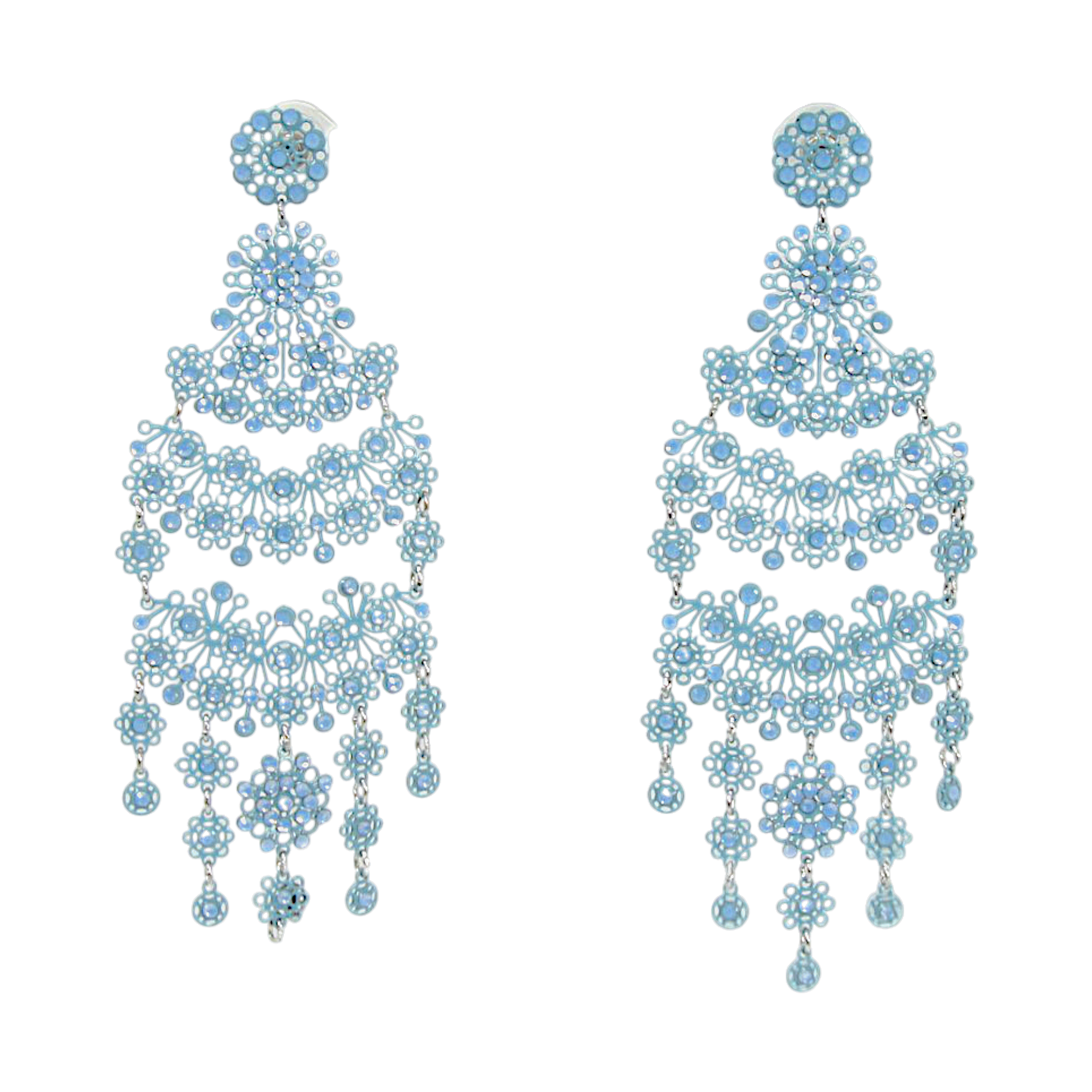 Merletti 01 Drop Earrings in Sky Blue with openwork enamelled metal laminae and crystal embellishments.