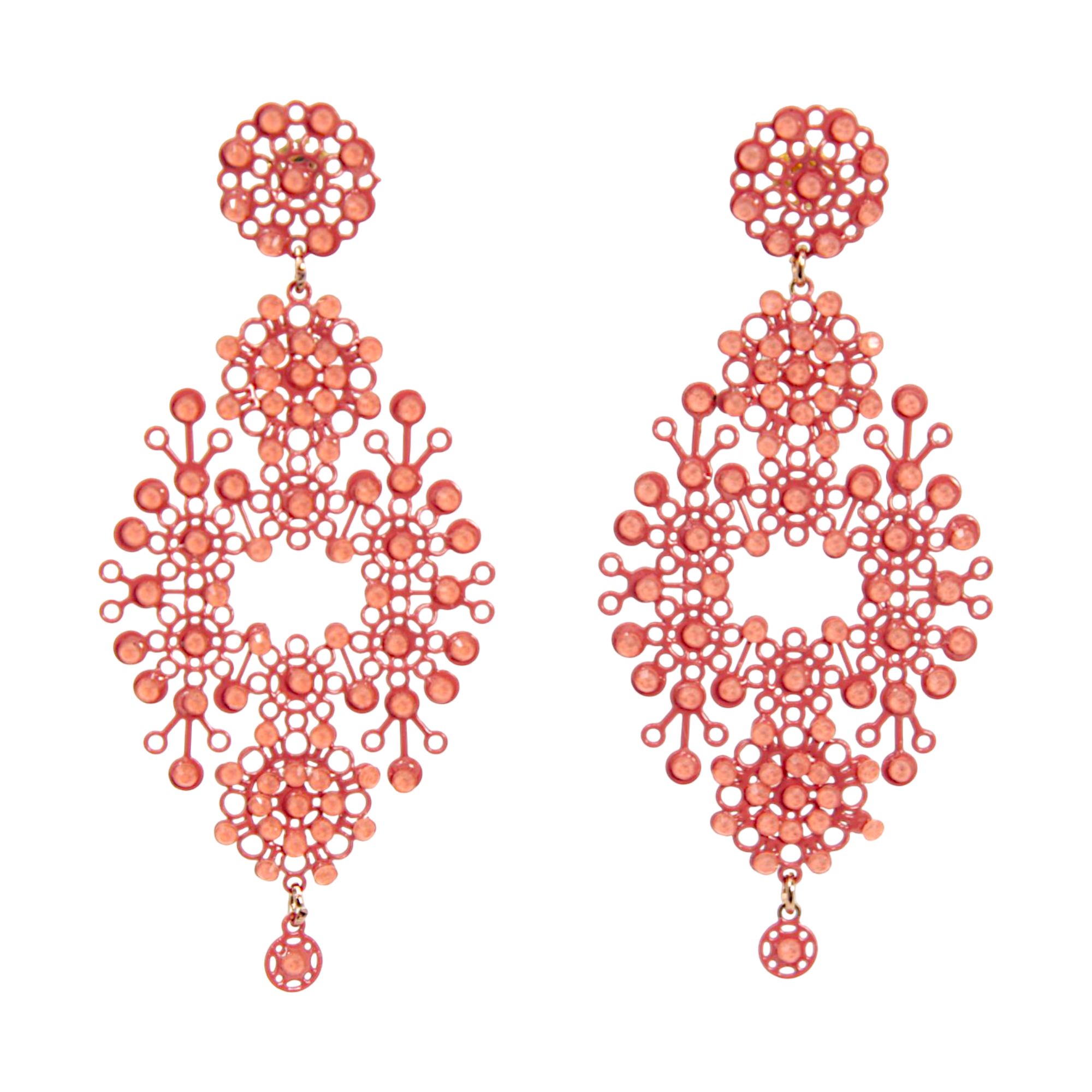 Merletti 03 Openwork Drop Earrings in Coral Rose with enamelled metal laminae and crystal embellishments.