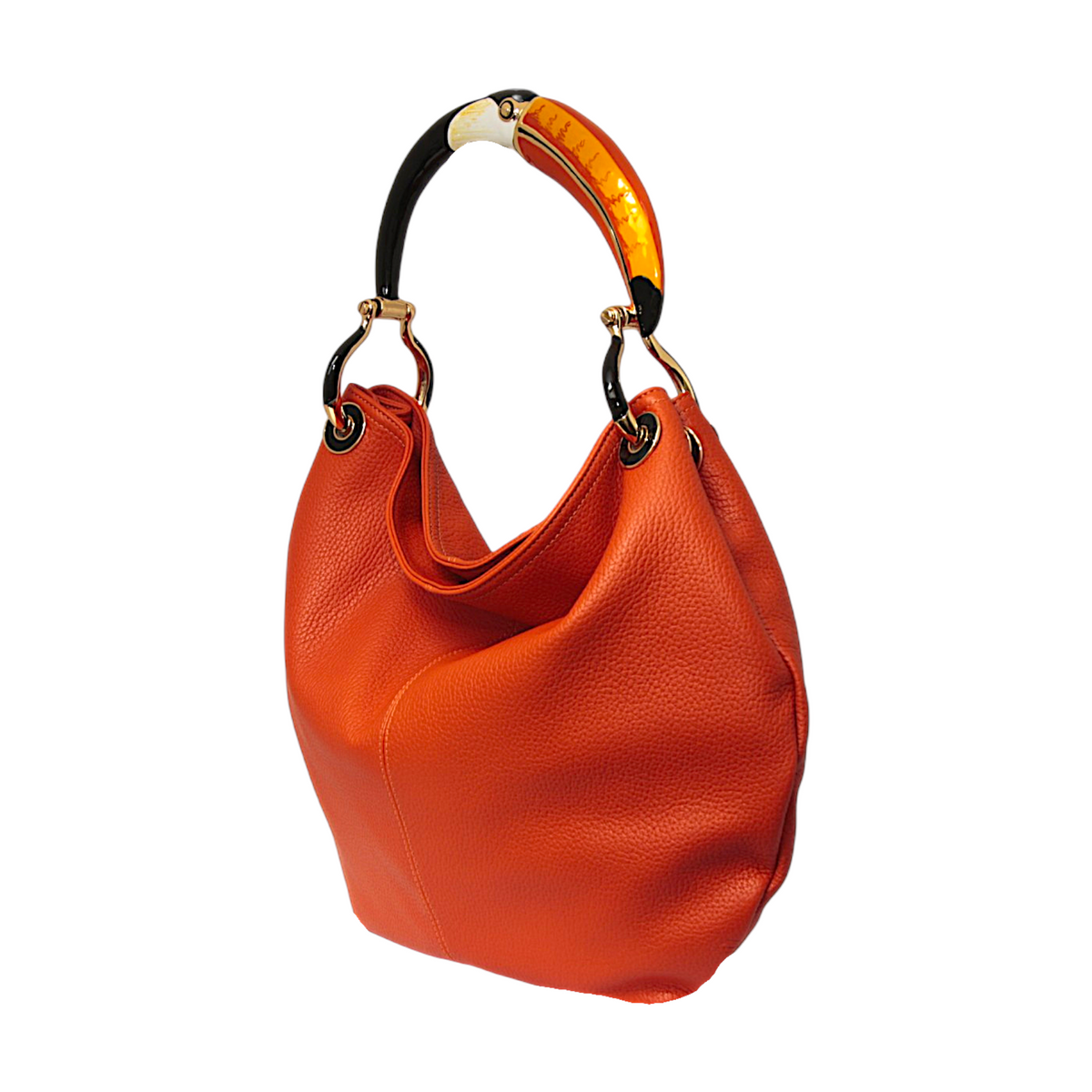 GRANDE BORSA IN MORBIDA PELLE ARANCIO CON MANICO TUCANO