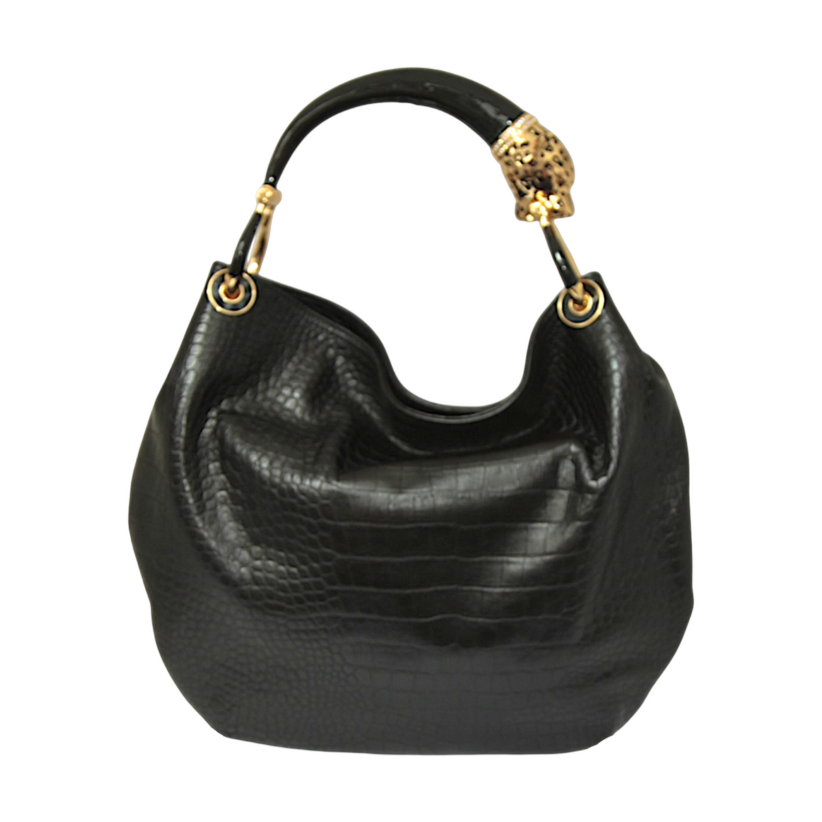 BLACK CROCO PRINTED LEATHER BAG WITH BLACK JAGUAR HANDLE