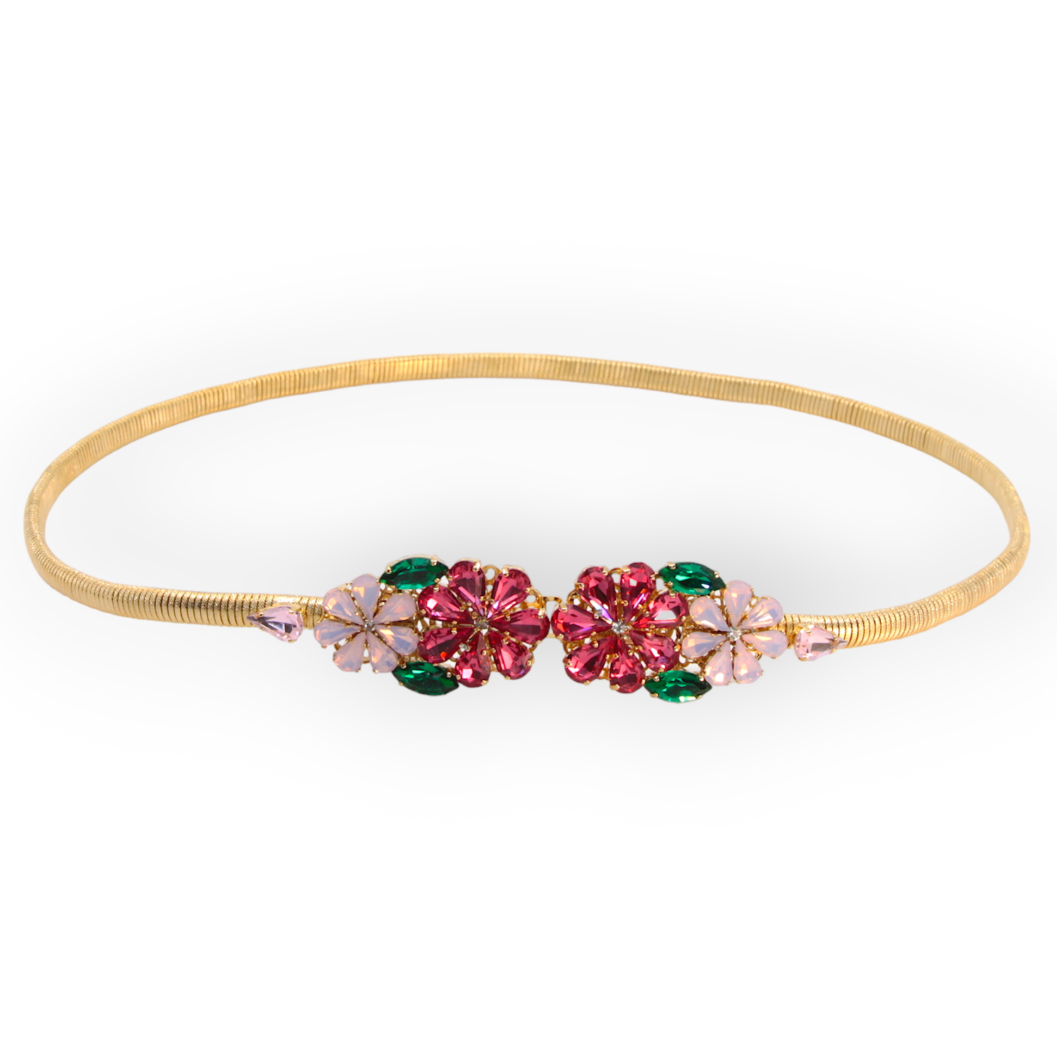 DAISY BELT IN GOLD-PLATED STRETCH METAL WITH PINK BOUQUET CRYSTAL BUCKLE