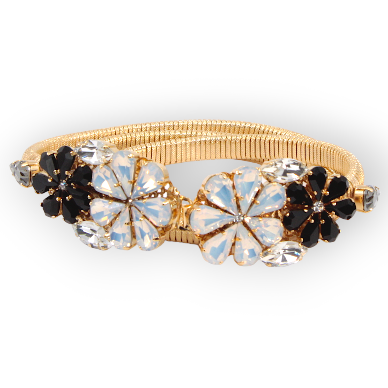 CINTURA IN METALLO ELASTICIZZATO PLACCATO ORO CON FIBBIA IN CRISTALLO A MAZZO DI MARGHERITE, NERA E BIANCA