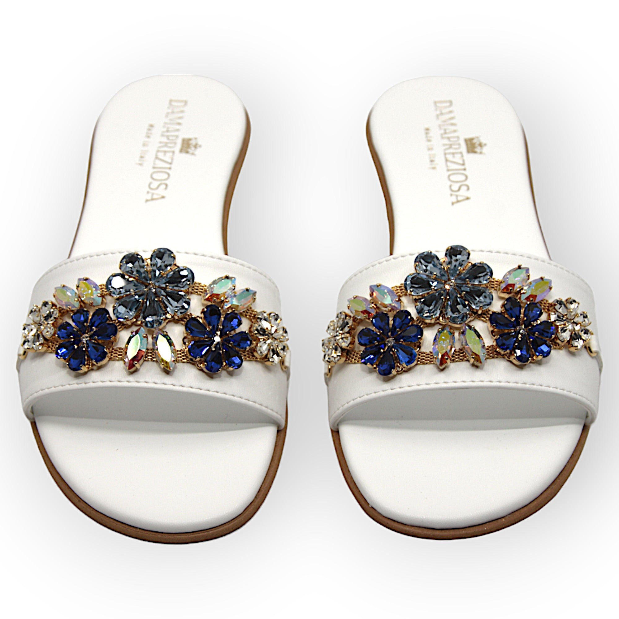 Flora White Flat Mule Sandals With Sapphire Crystals Flat