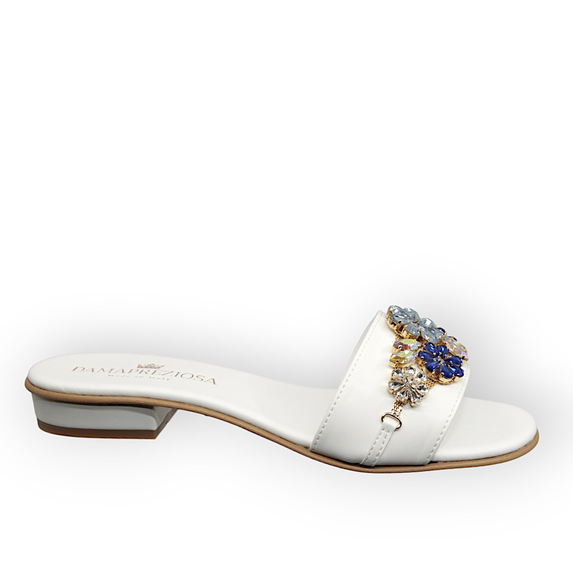 Flora White Flat Mule Sandals With Sapphire Crystals Flat