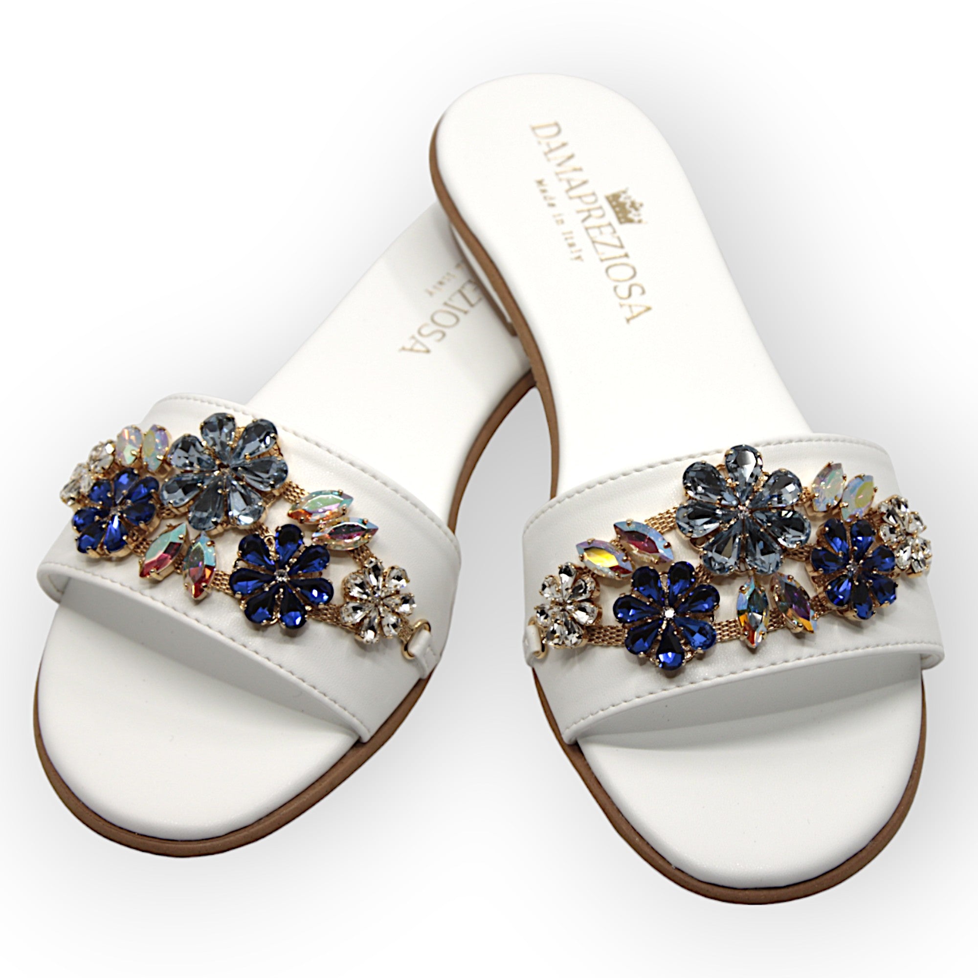 Flora White Flat Mule Sandals With Sapphire Crystals Flat