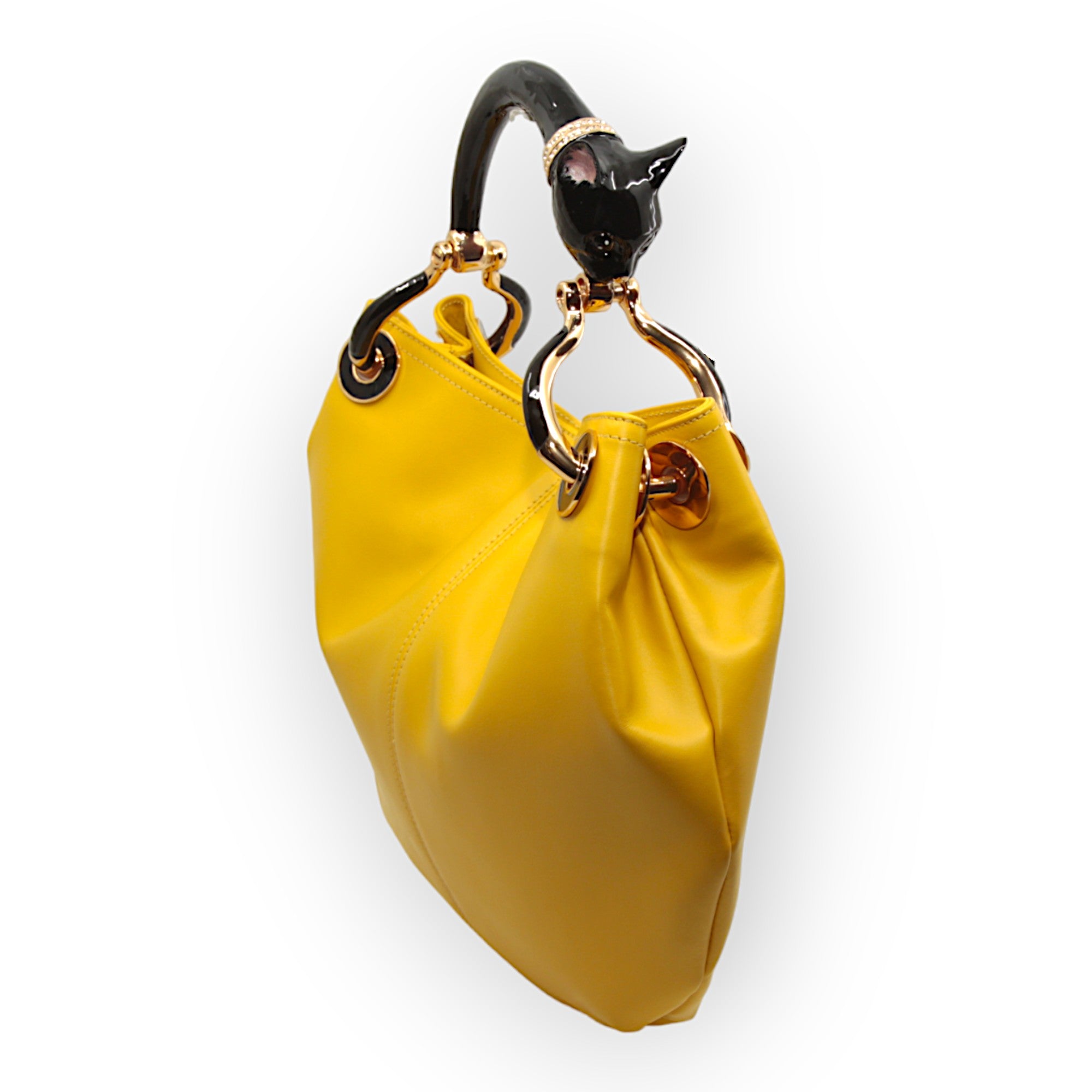 BOLSO PEQUEÑO GATO NEGRO EN PIEL AMARILLA DE ALTA CALIDAD