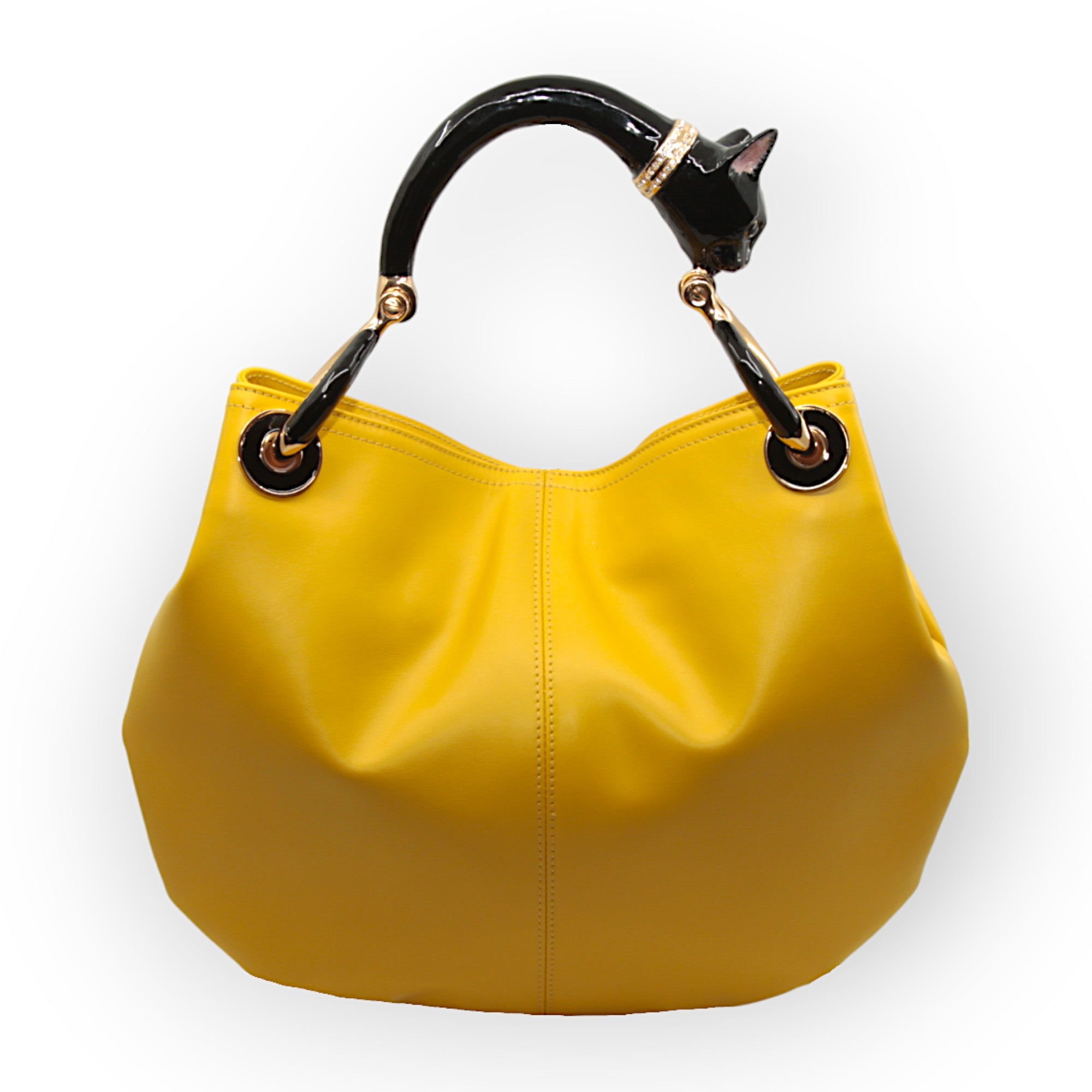 BOLSO PEQUEÑO GATO NEGRO EN PIEL AMARILLA DE ALTA CALIDAD