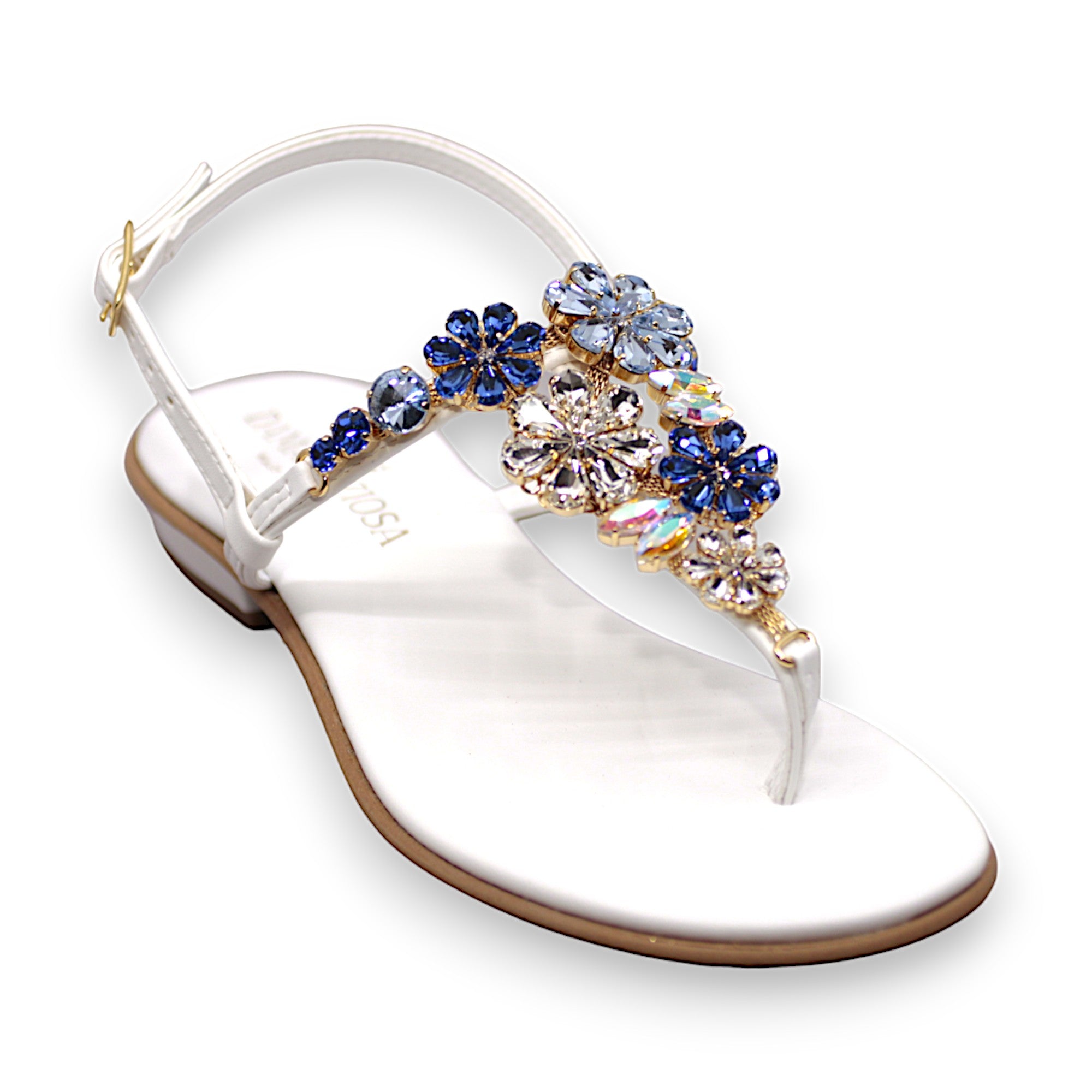 Gilda White Sandals With Blue Crystals.