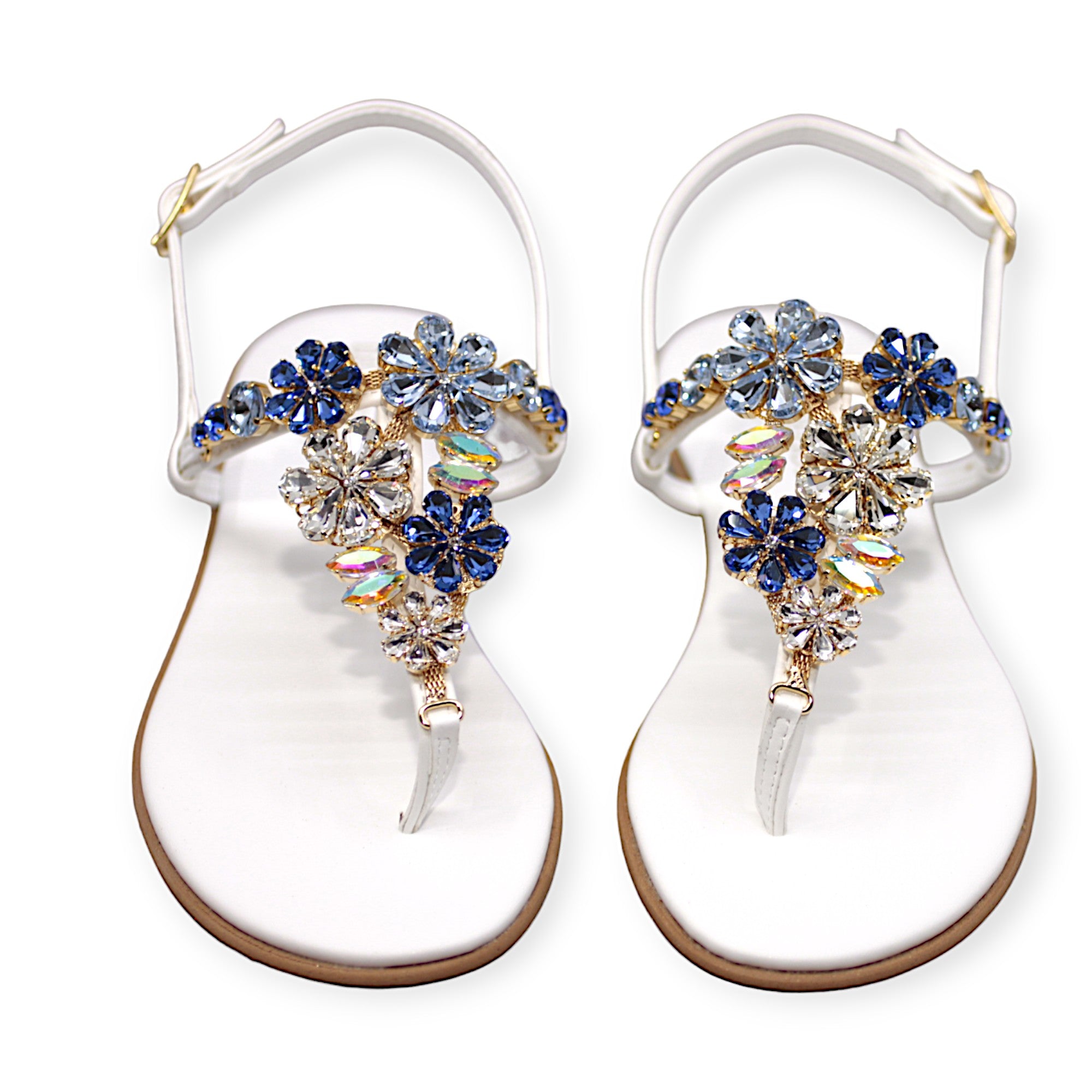 Gilda White Sandals With Blue Crystals.