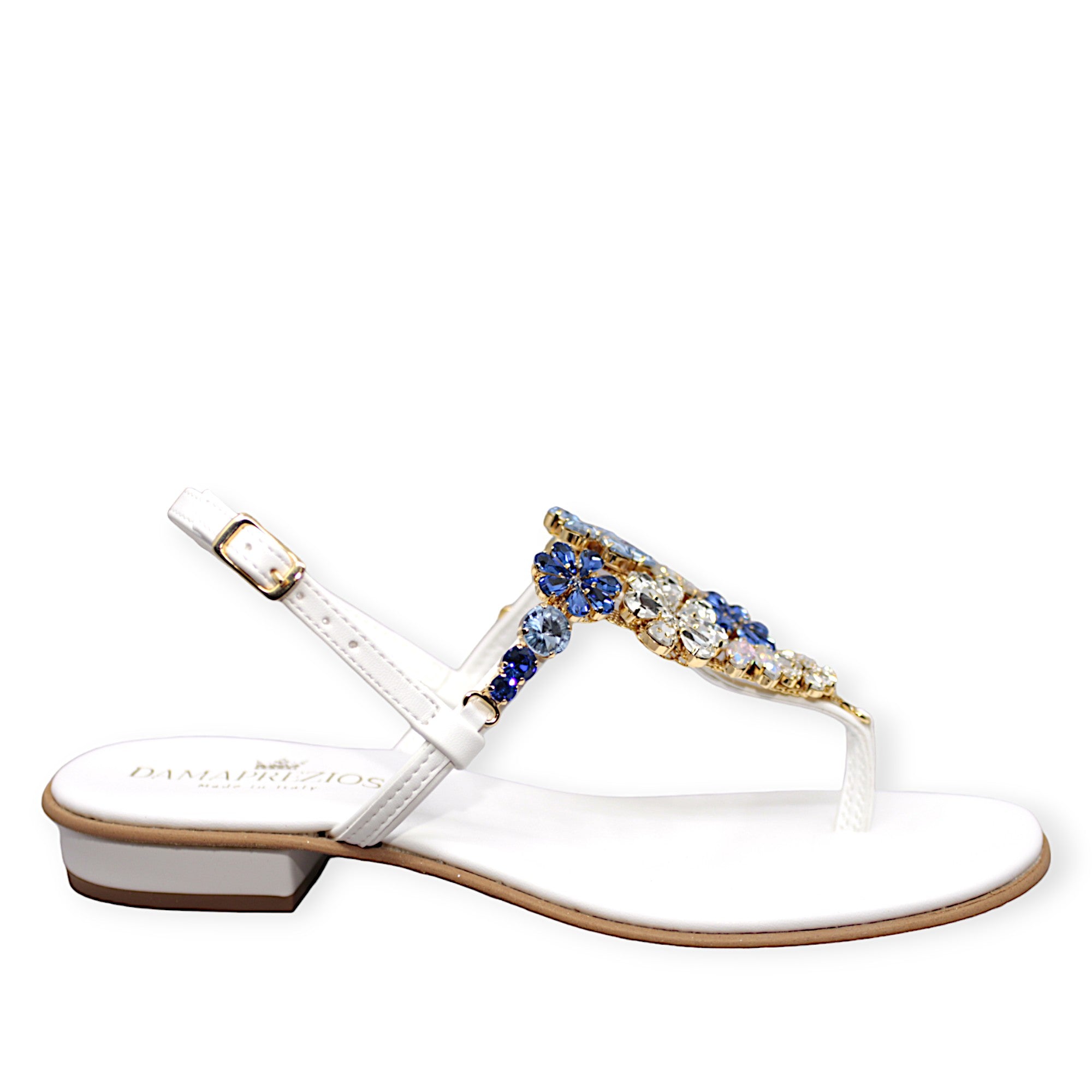 Gilda White Sandals With Blue Crystals.