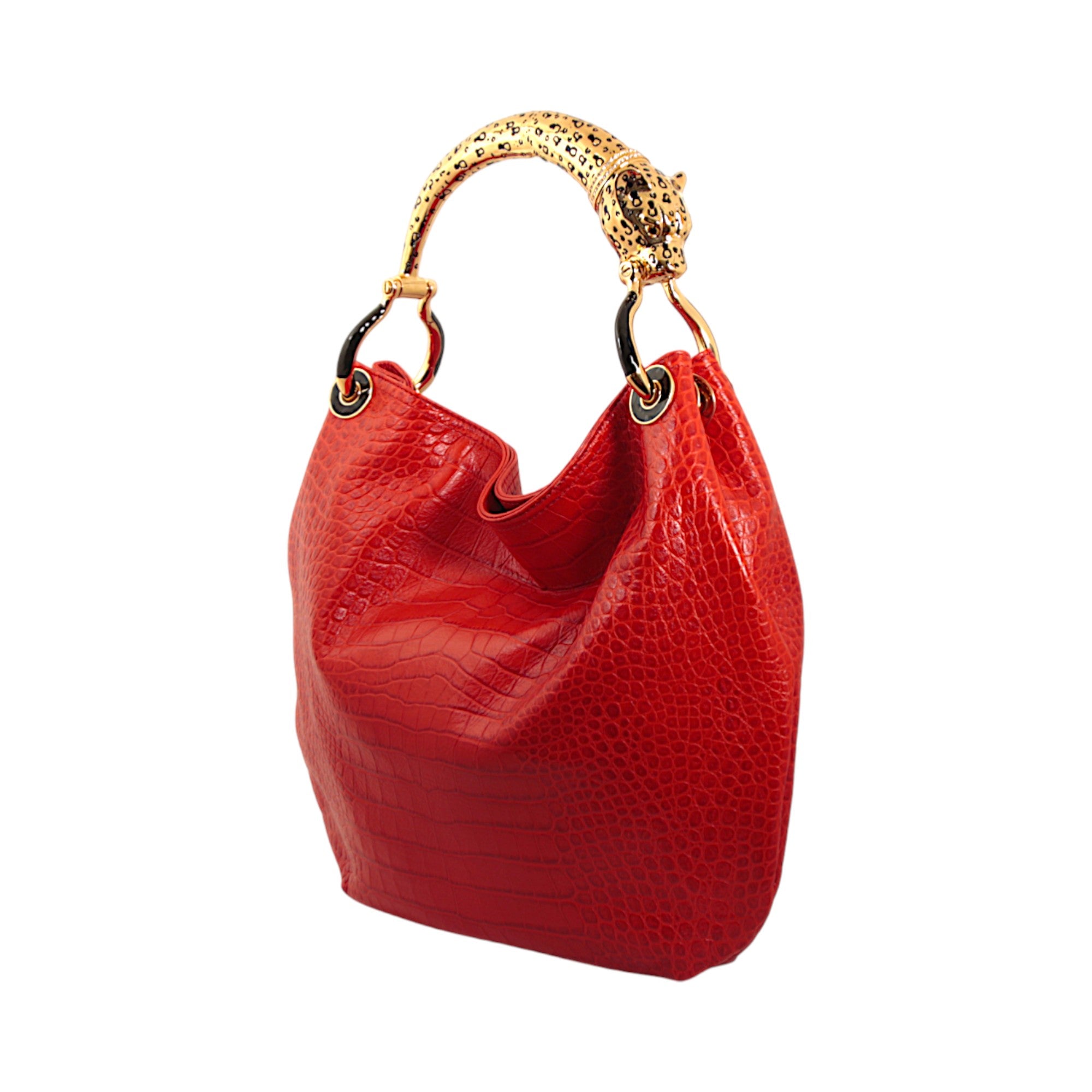 GOLDEN JAGUAR WITH RED PRINT LEATHER HANDBAG