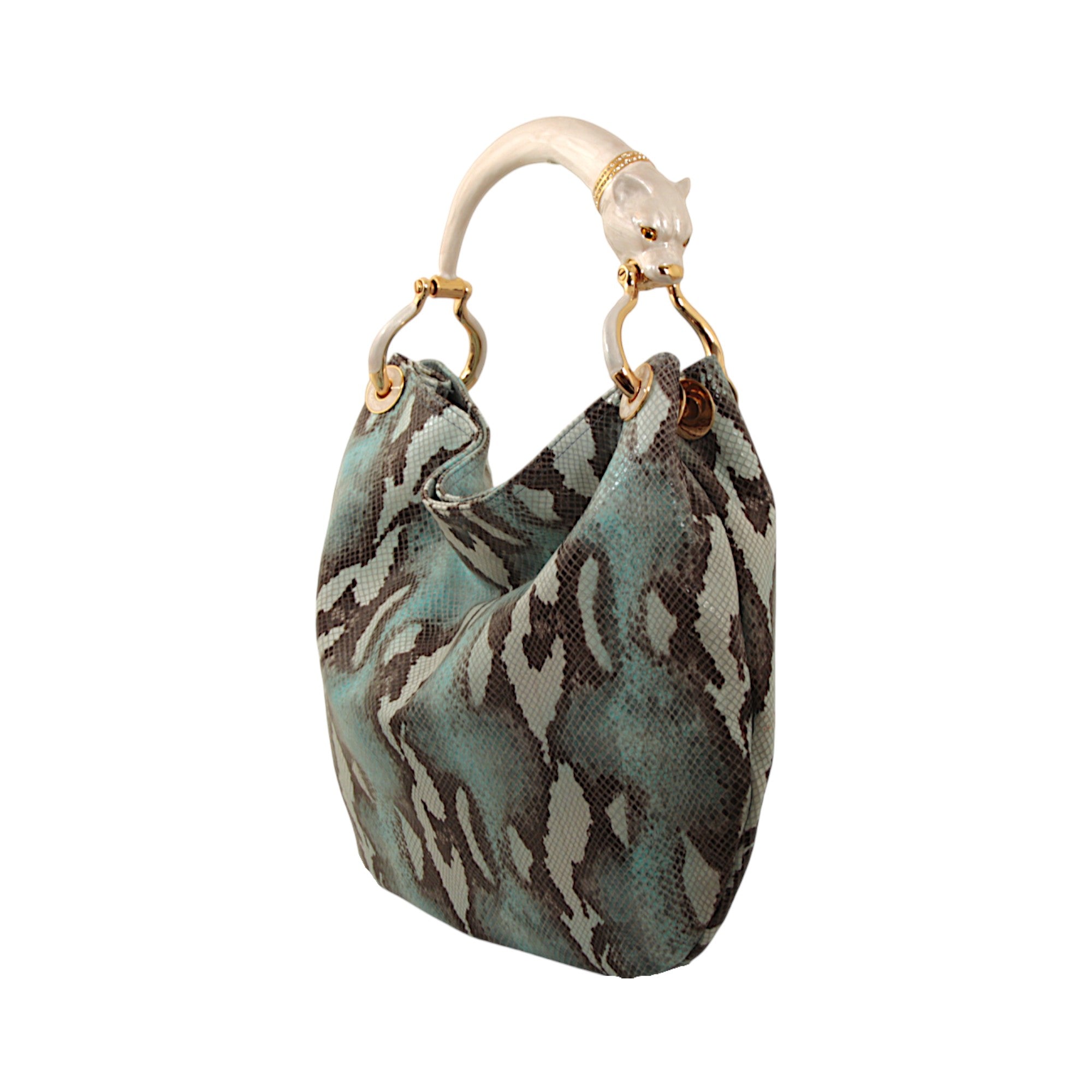 PEARL COLOR PANTHER WITH SNAKE PRINTED HANDBAG