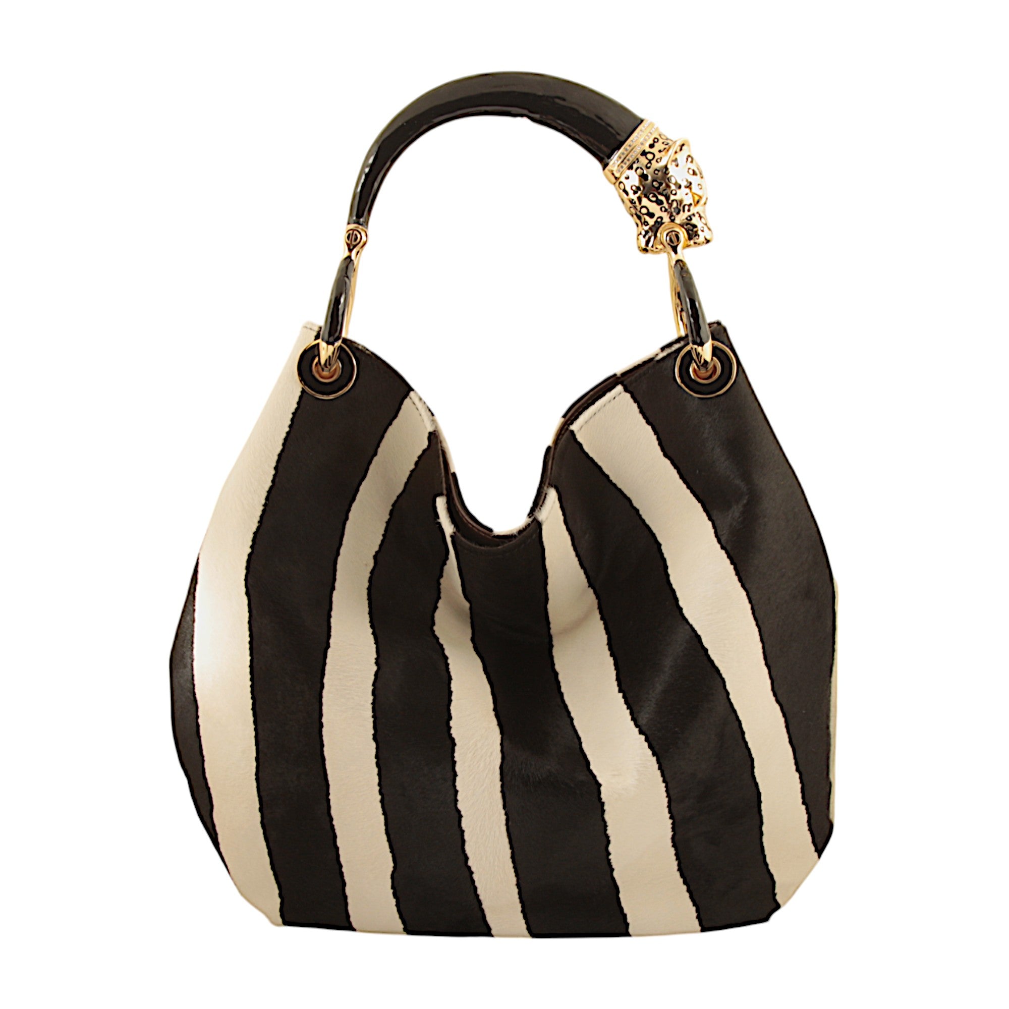 LARGE ZEBRA PRINT LEATHER BAG WITH BLACK JAGUAR HANDLE