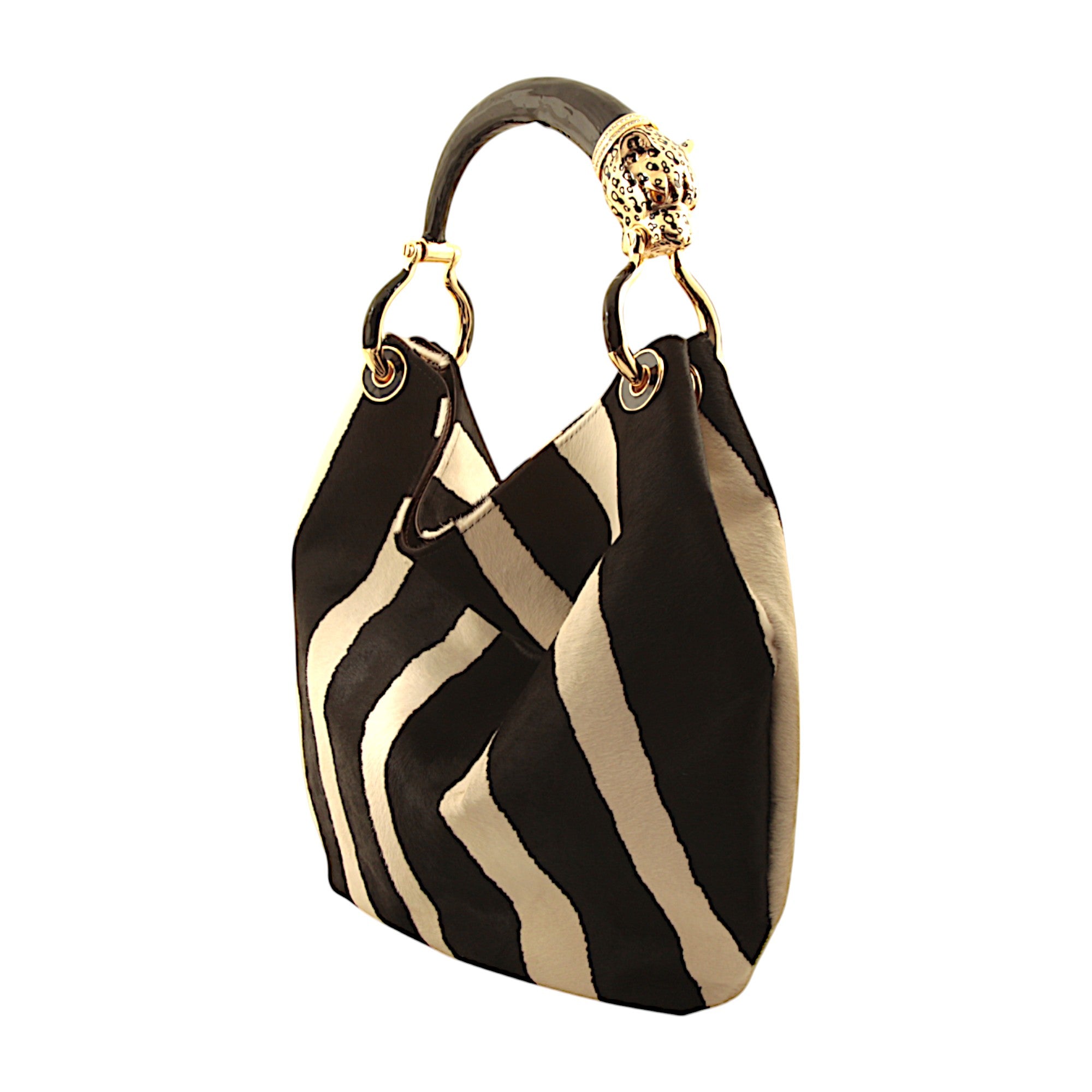 BORSA GRANDE IN PELLE CON STAMPA ZEBRA E MANICO NERO JAGUAR