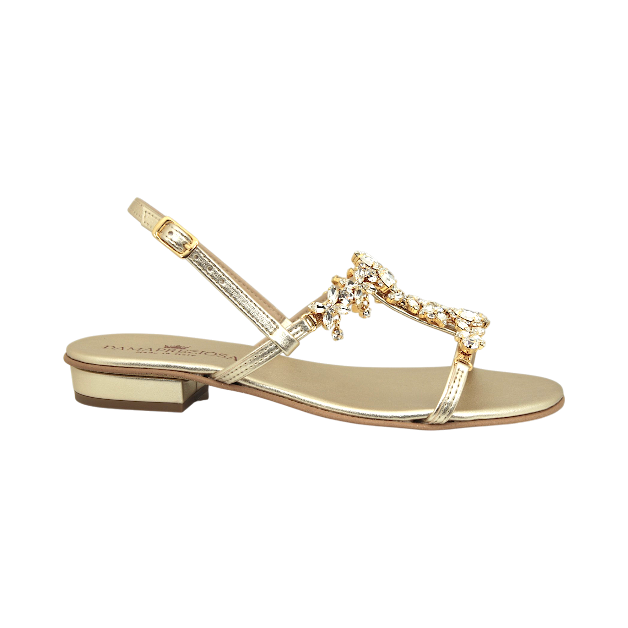 Isabella Flat Jewel Sandal with radiant crystal embellishments handmade in Italy
Elegant flat jewel sandal in platinum gold tone with luminous crystal details
Refined DAMAPREZIOSA sandal born in Sirmione with hand-set crystal embellishments