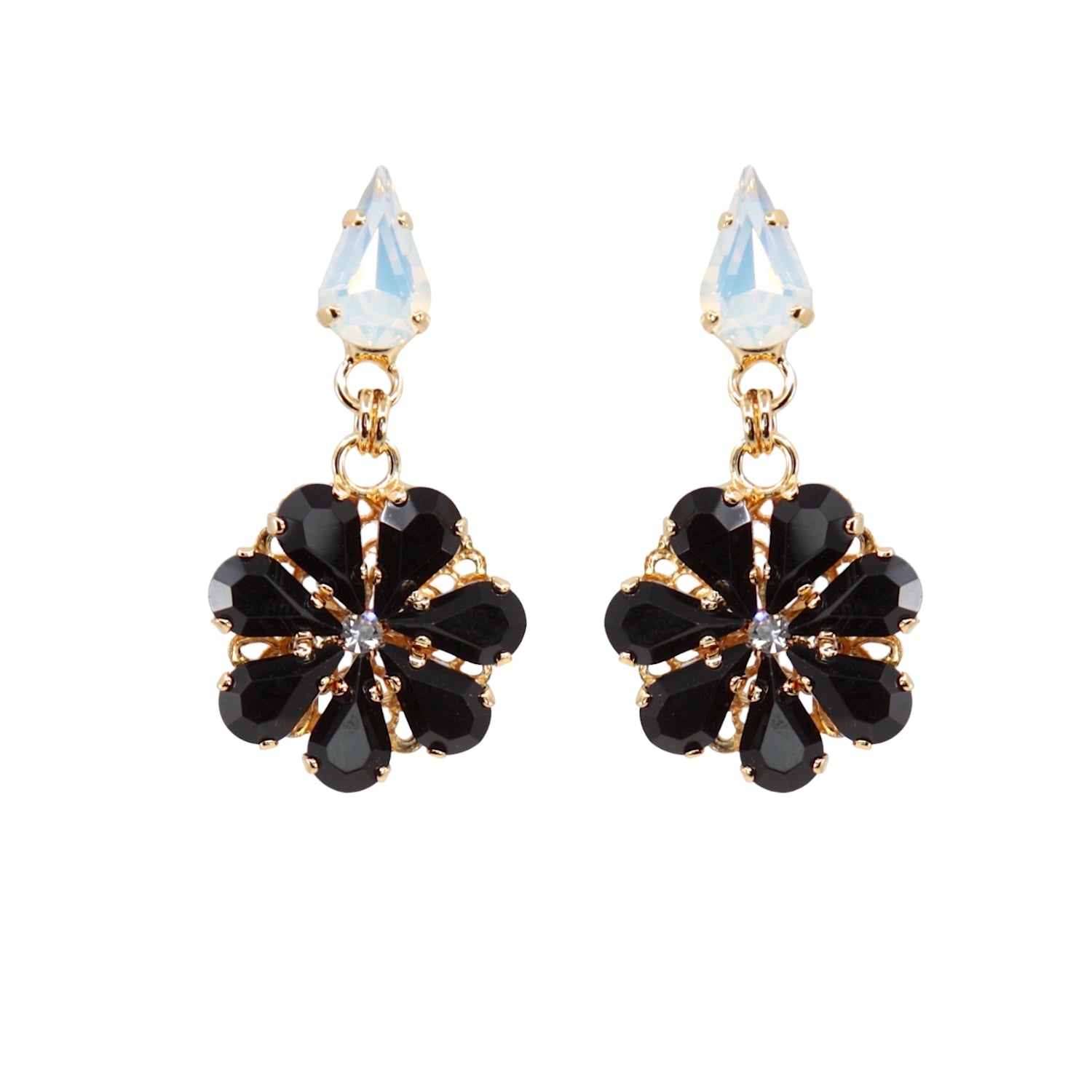 Daisy Pendant Earrings With Crystal Drops In Onyx And Opal Shades.