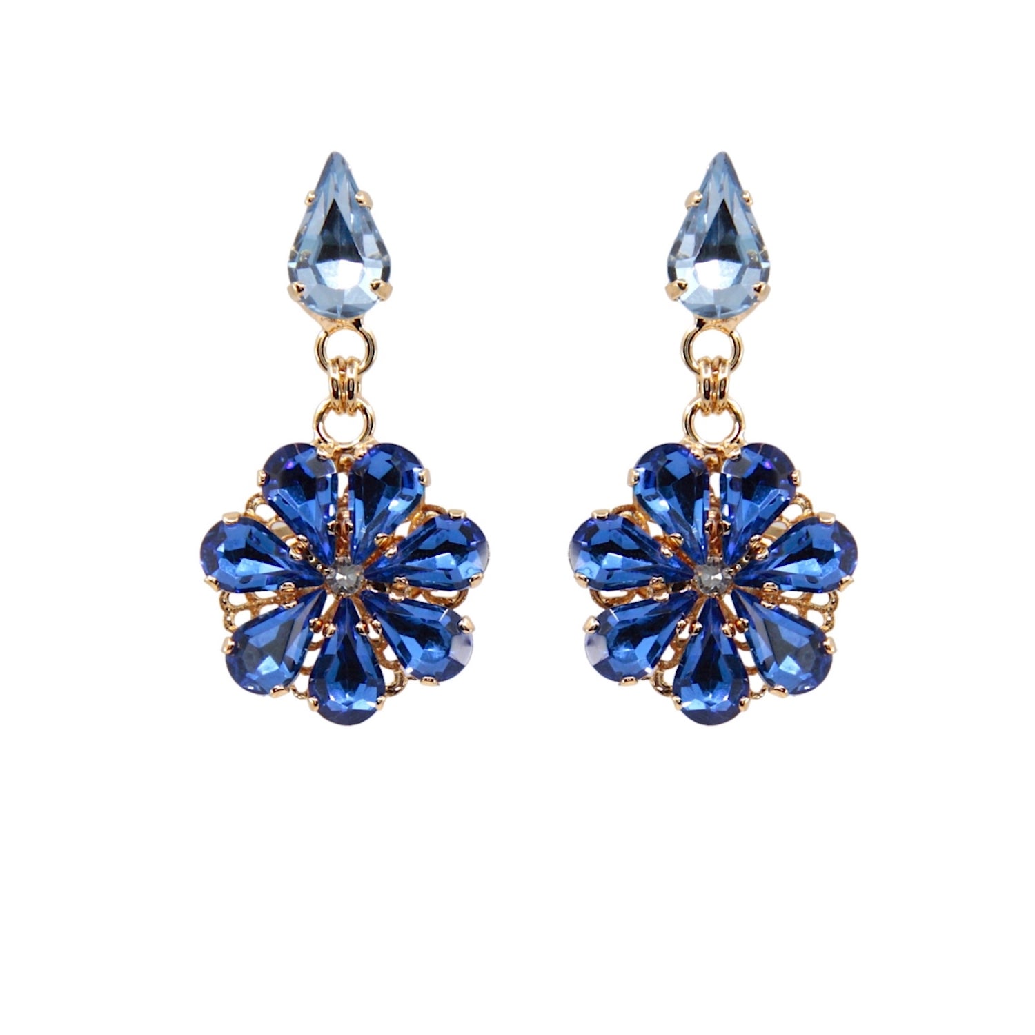 Daisy Pendant Earrings With Sapphire And Aquamarine Crystal Drops