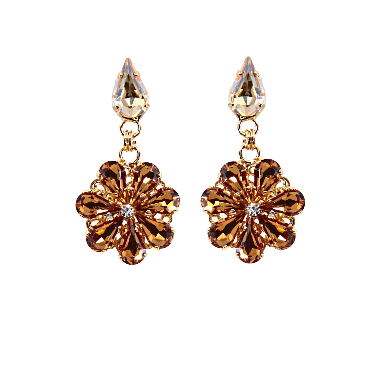 Daisy Pendant Earrings With Crystal Drops In Amber And Topaz