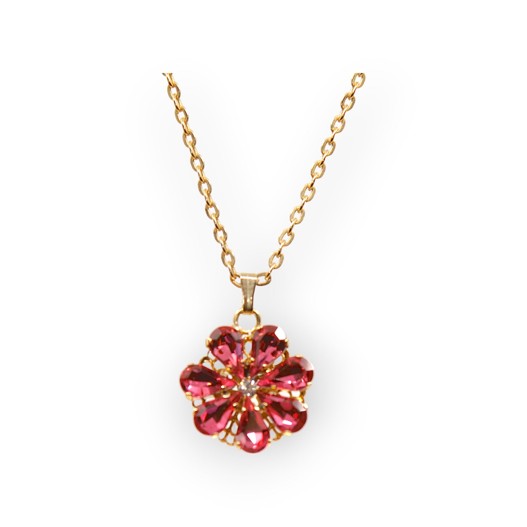 Collana con ciondolo a forma di margherita con gocce di cristallo in tonalità rosa.