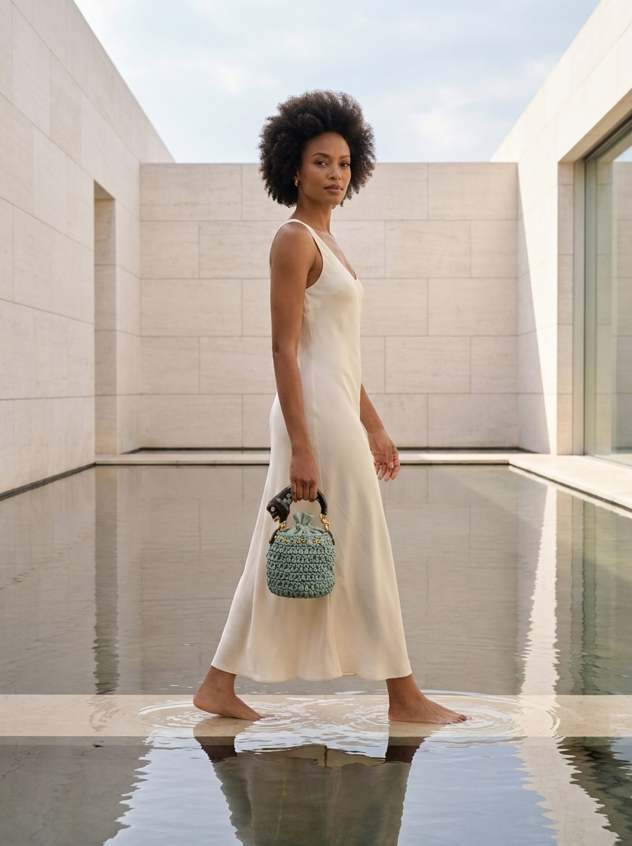 Handmade Italian sage bucket bag with sculptural fish handle