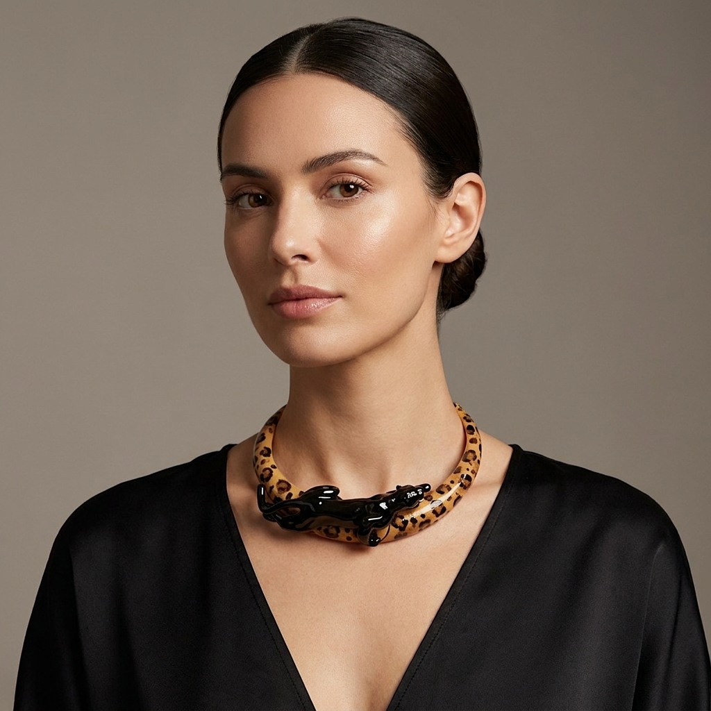 Savage Royal Black statement necklace styled on a model – INGA Sirmione