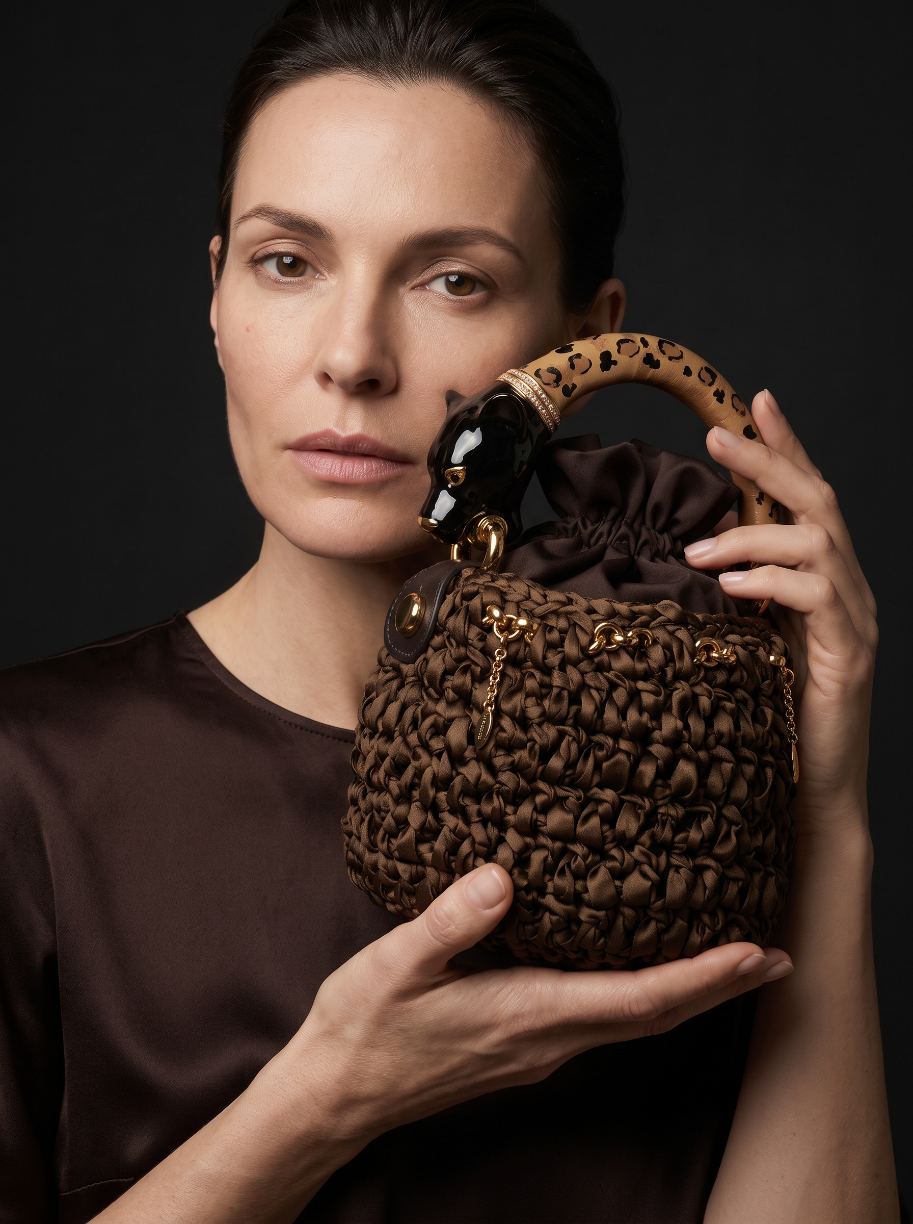 Coffee color Bucket Bag with Panther Savage Royal Sculpture Handle