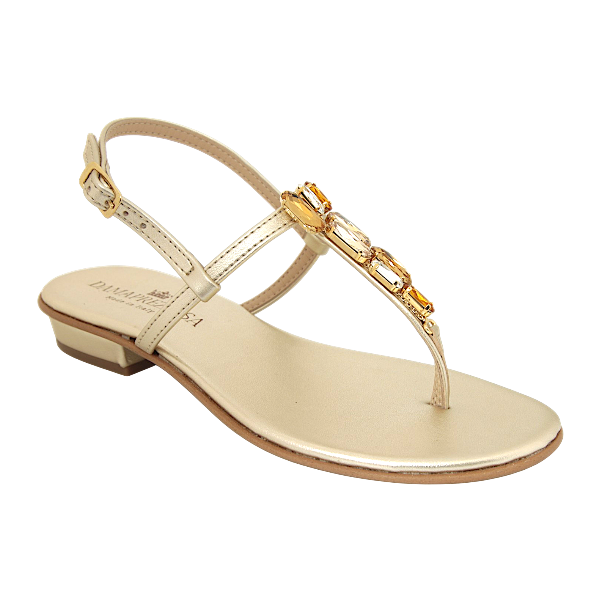 Selene Amber & Topaz Jewel Sandal with warm-toned embellishments handmade in Italy
Elegant jewel sandal with amber and topaz crystal details and refined feminine silhouette
Refined DAMAPREZIOSA sandal born in Sirmione with luminous amber-toned embellishments