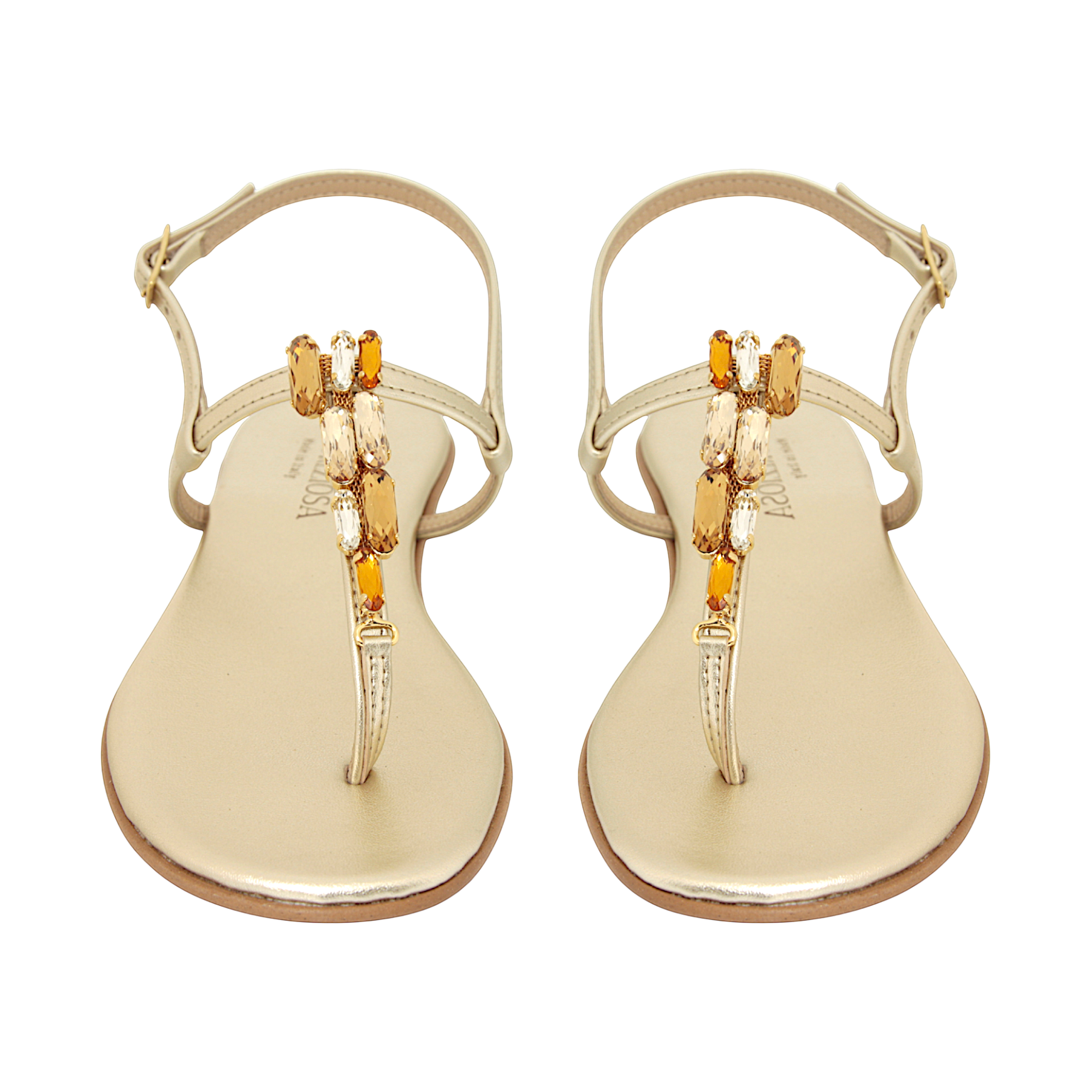 Selene Amber & Topaz Jewel Sandal with warm-toned embellishments handmade in Italy
Elegant jewel sandal with amber and topaz crystal details and refined feminine silhouette
Refined DAMAPREZIOSA sandal born in Sirmione with luminous amber-toned embellishments