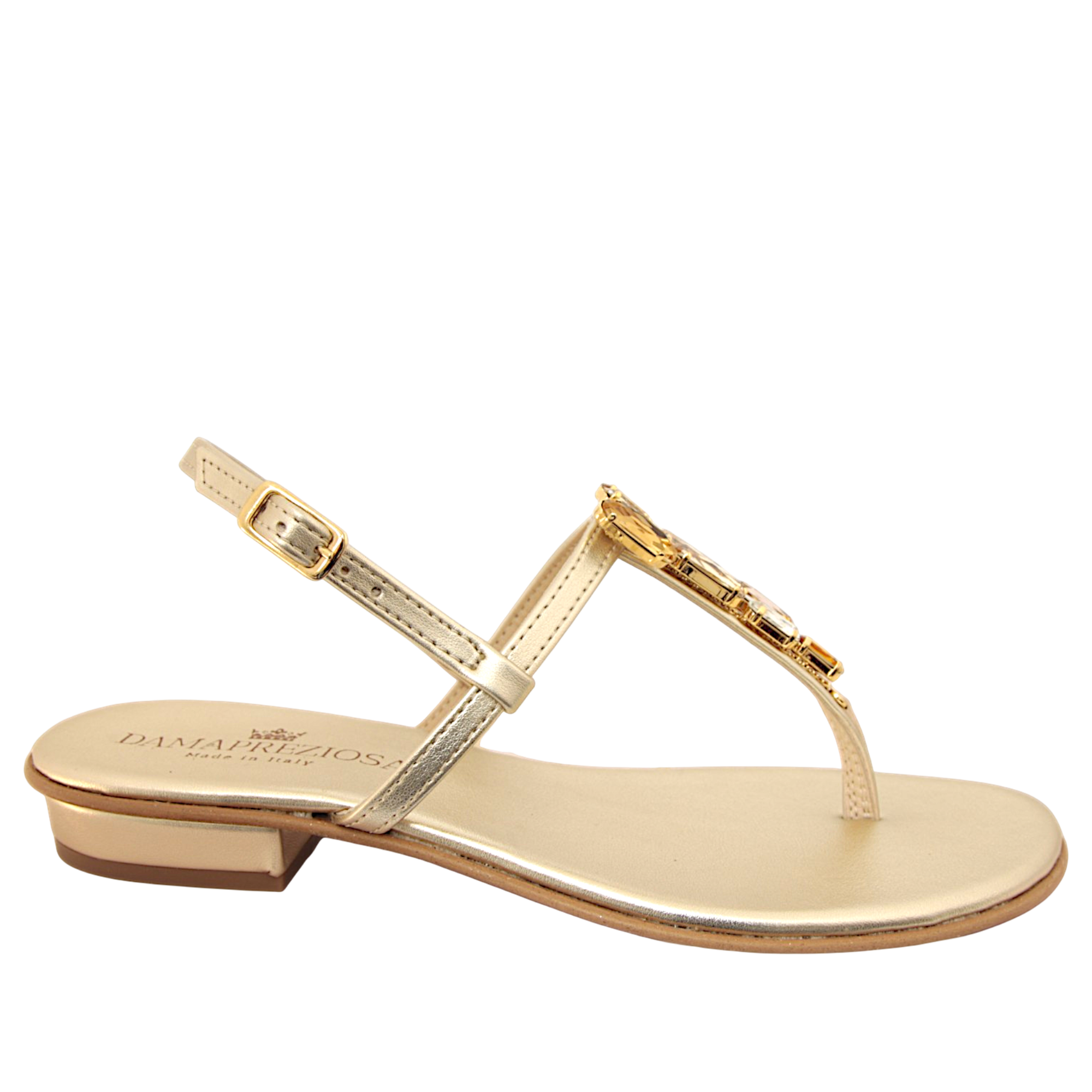 Selene Amber & Topaz Jewel Sandal with warm-toned embellishments handmade in Italy
Elegant jewel sandal with amber and topaz crystal details and refined feminine silhouette
Refined DAMAPREZIOSA sandal born in Sirmione with luminous amber-toned embellishments
