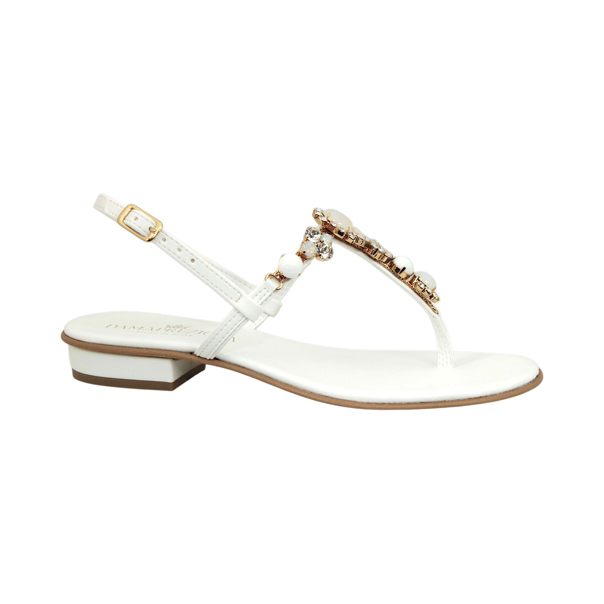 Sofia White Jewel Sandal with milky white and crystal embellishments handmade in Italy
Elegant white jewel sandal with luminous decorative details
Refined DAMAPREZIOSA sandal born in Sirmione with soft white embellishments