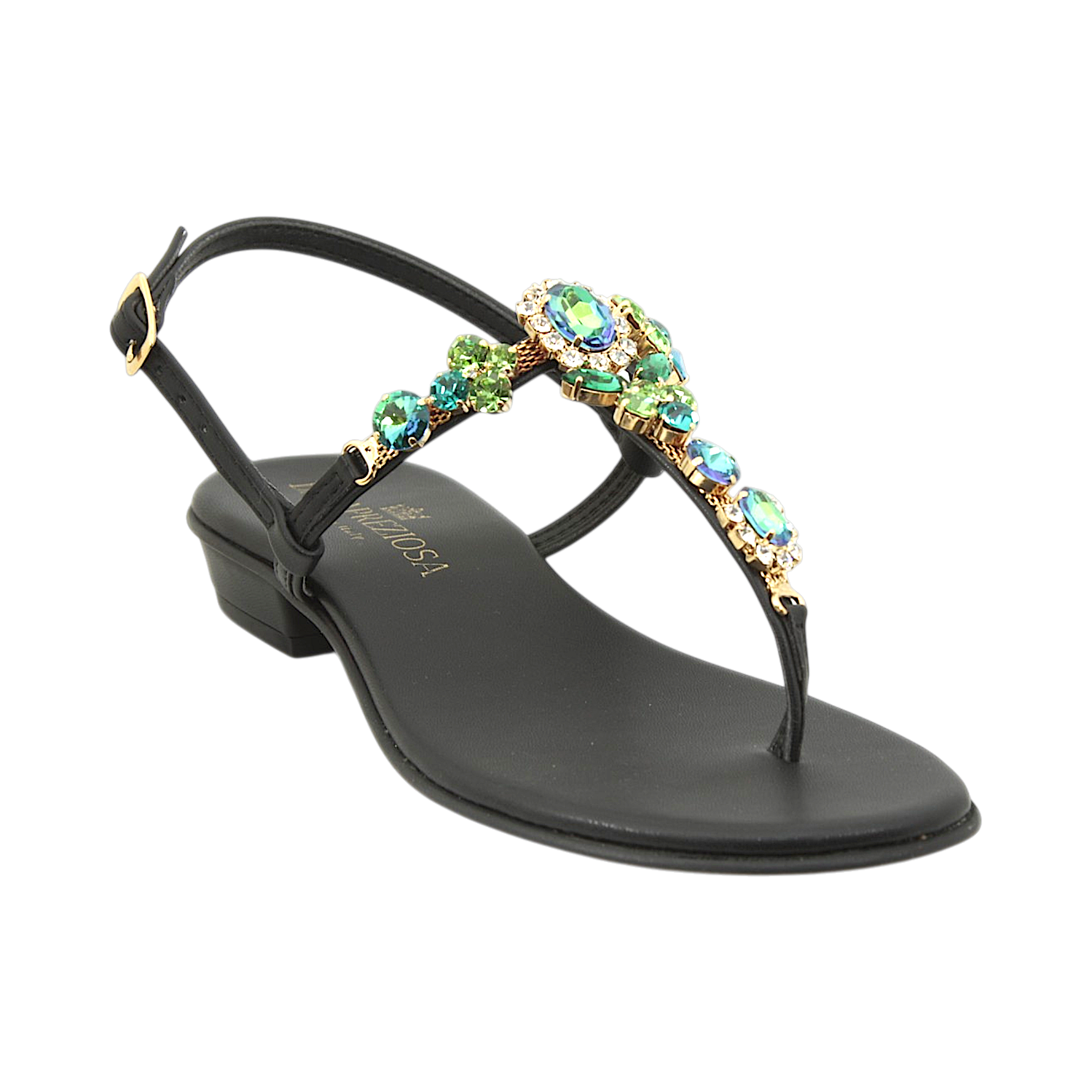 Sofia Black Jewel Sandal with green and crystal embellishments handmade in Italy
Elegant black jewel sandal with emerald aqua and crystal decorative details
Refined DAMAPREZIOSA sandal born in Sirmione with luminous green jewel embellishments