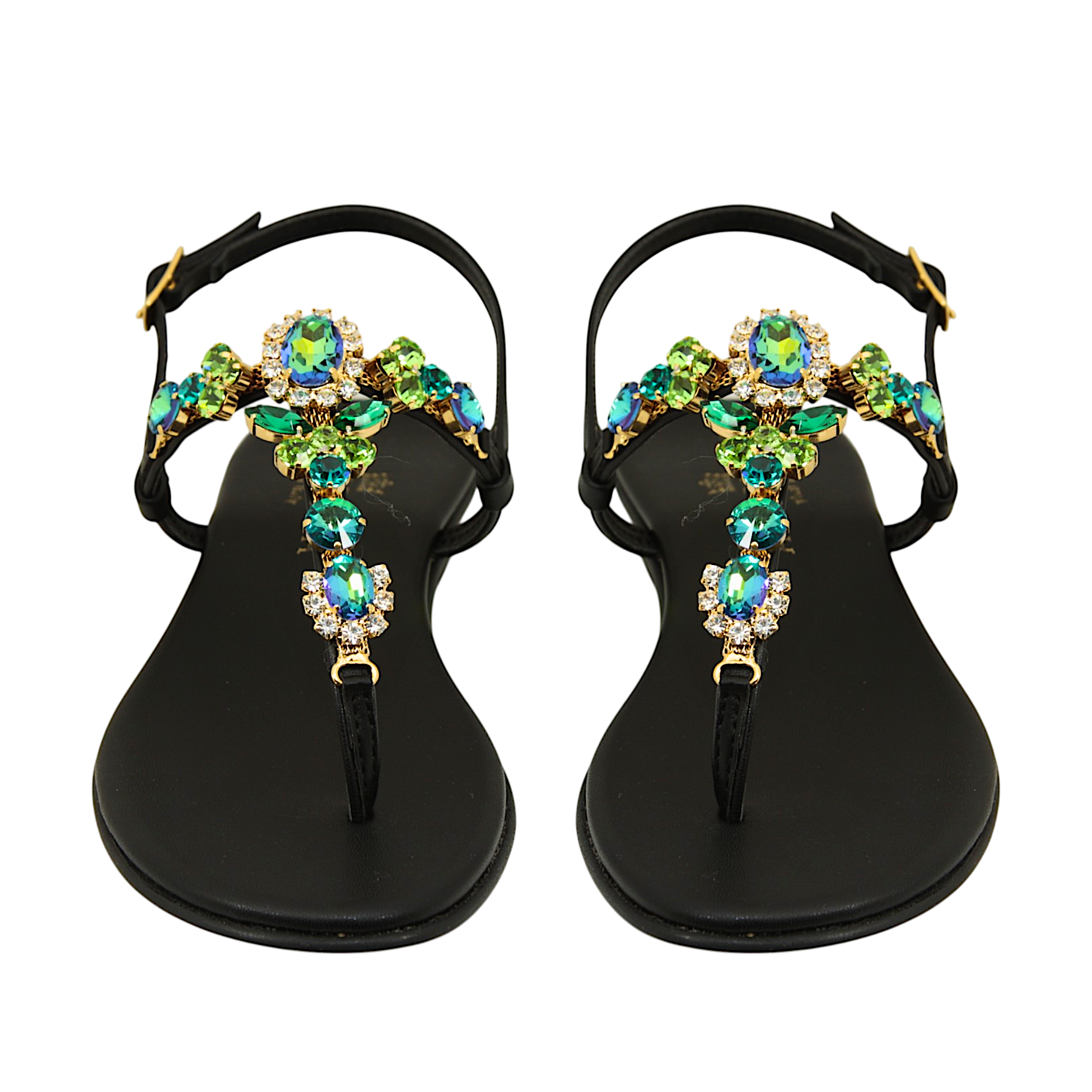 Sofia Black Jewel Sandal with green and crystal embellishments handmade in Italy
Elegant black jewel sandal with emerald aqua and crystal decorative details
Refined DAMAPREZIOSA sandal born in Sirmione with luminous green jewel embellishments