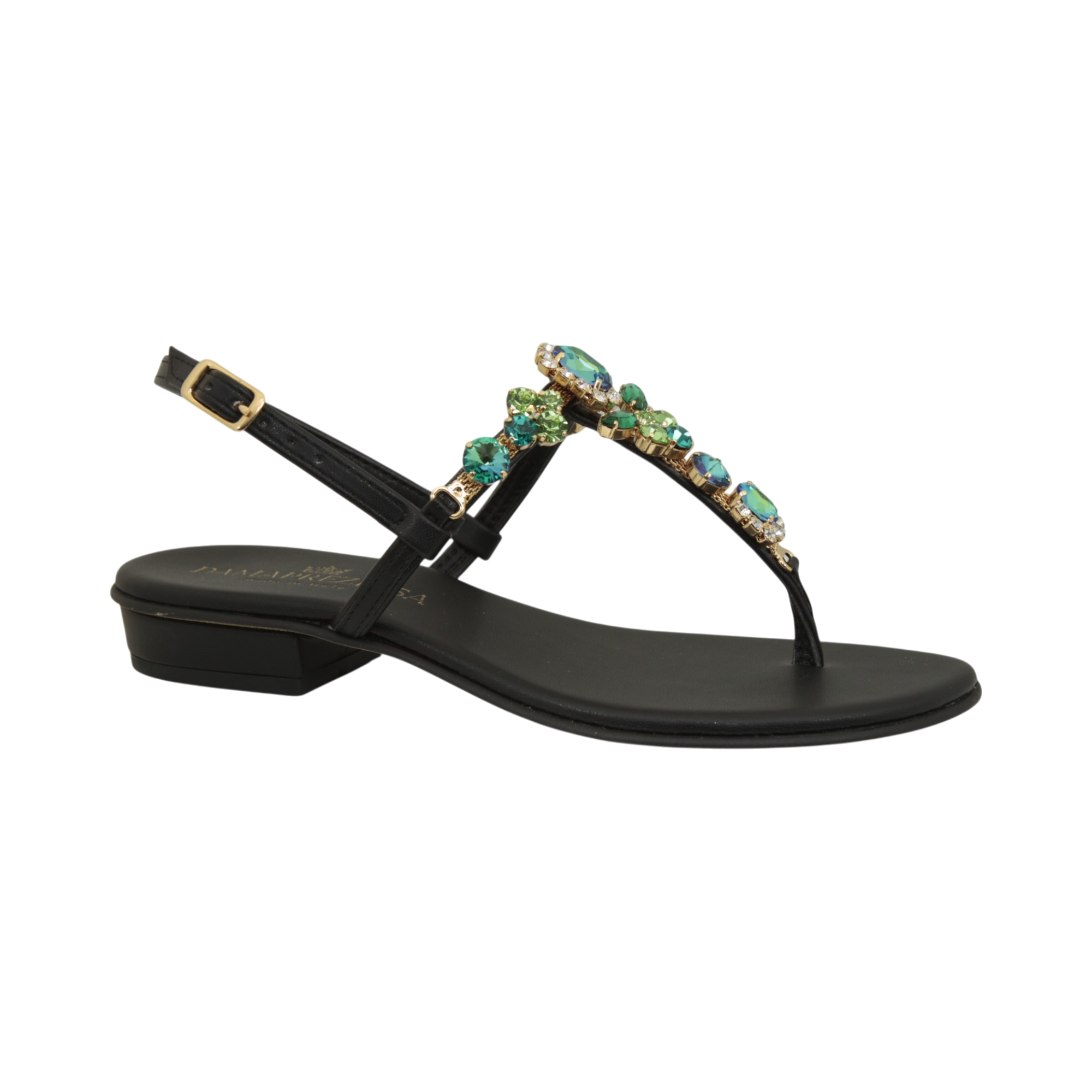 Sofia Black Jewel Sandal with green and crystal embellishments handmade in Italy
Elegant black jewel sandal with emerald aqua and crystal decorative details
Refined DAMAPREZIOSA sandal born in Sirmione with luminous green jewel embellishments