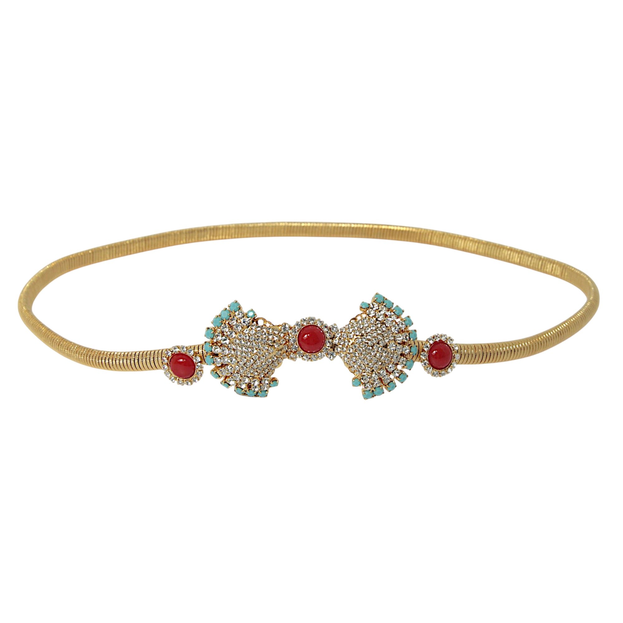Venere Crystal Metal Mesh Belt with coral cabochons, turquoise accents and crystal pavé motifs
