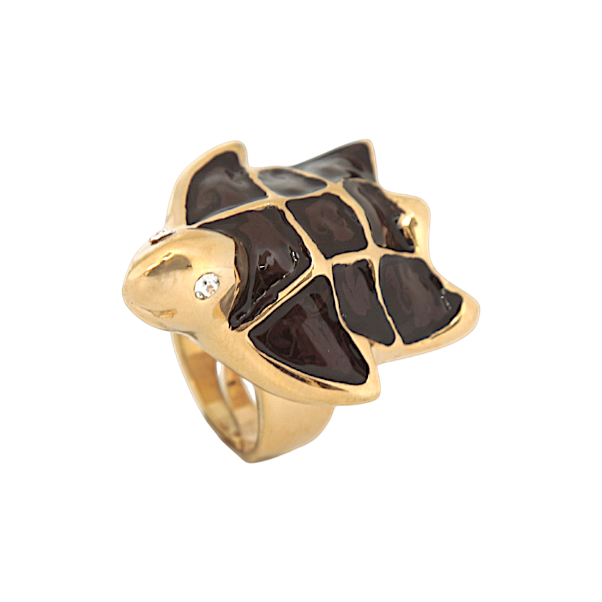 Sea turtle jewel ring in hand-enamelled 24 kt gold plated brass with Swarovski crystal details, Made in Italy